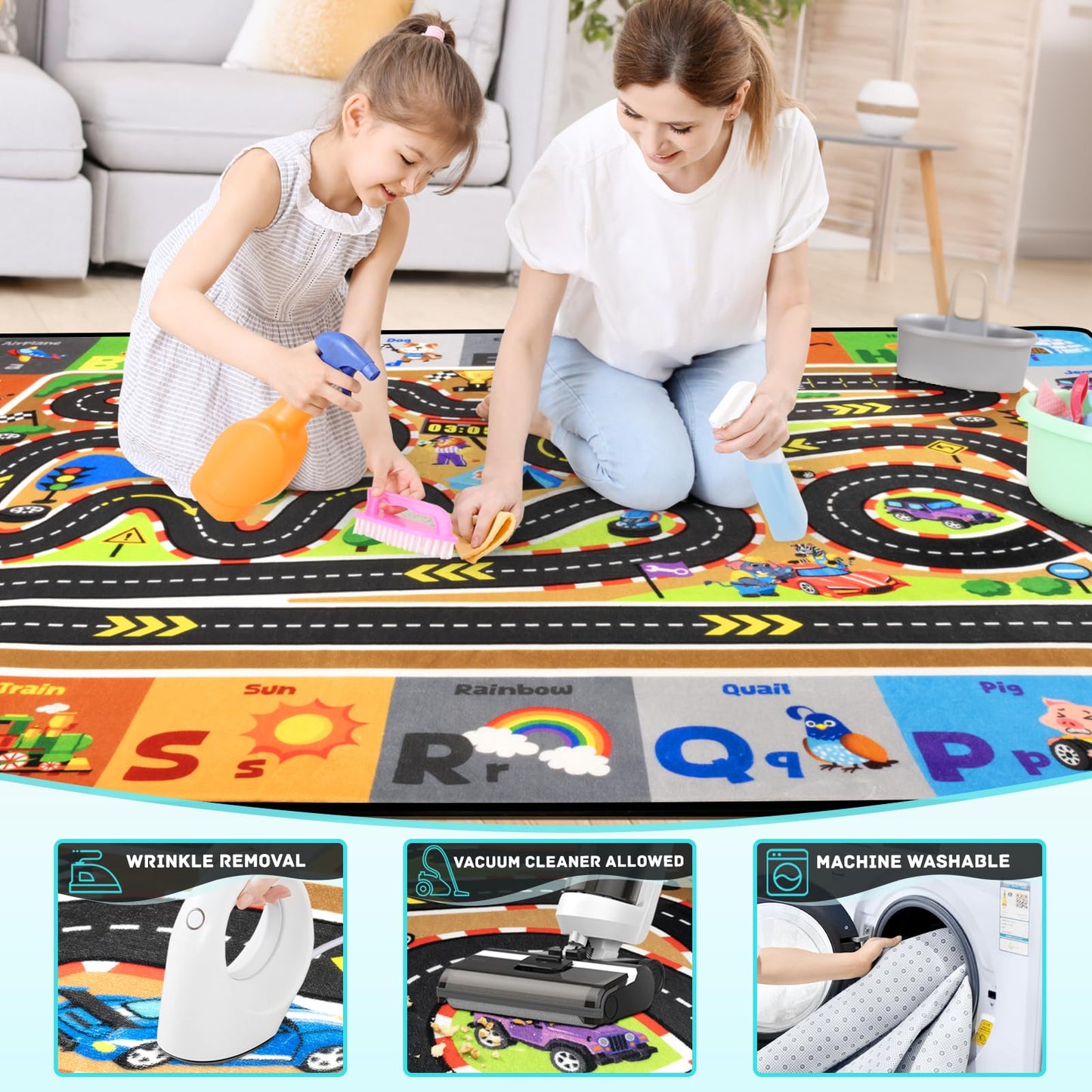 Diysani Race Track Car Rug 4x6FT Road Rug for Kids Toy Cars Non-Slip Play Carpet Baby Play Mat for Floor Washable ABC Alphabet Playroom Nursery Preschool Daycare Classroom Carpet