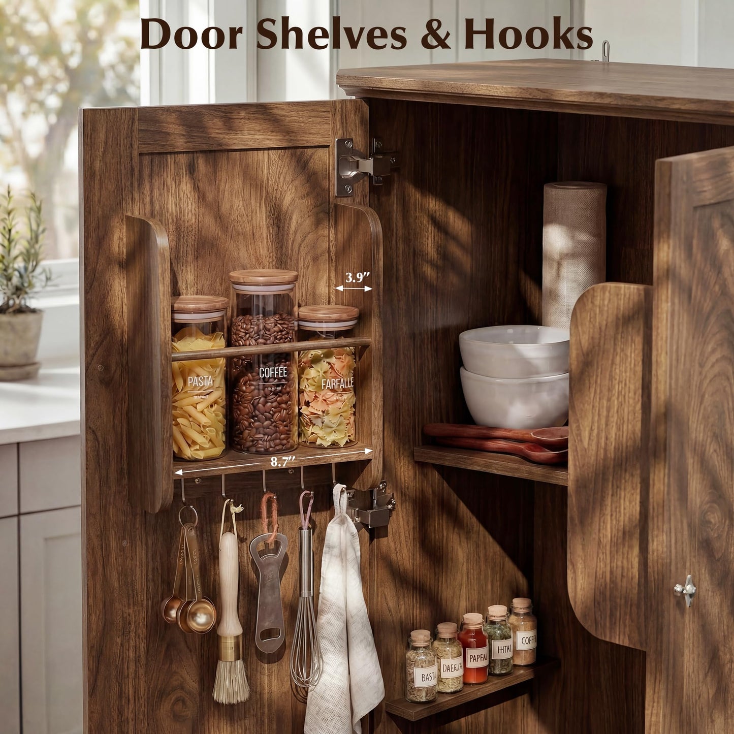 AMBERHAUS 72.2" Tall Kitchen Pantry Storage Cabinet with Doors, Farmhouse Storage Cabinet with Drawers, Adjustable Shelves and Pull-Out Shelves, Walnut Wood Pantry Cupboard for Kitchen, Dining Room