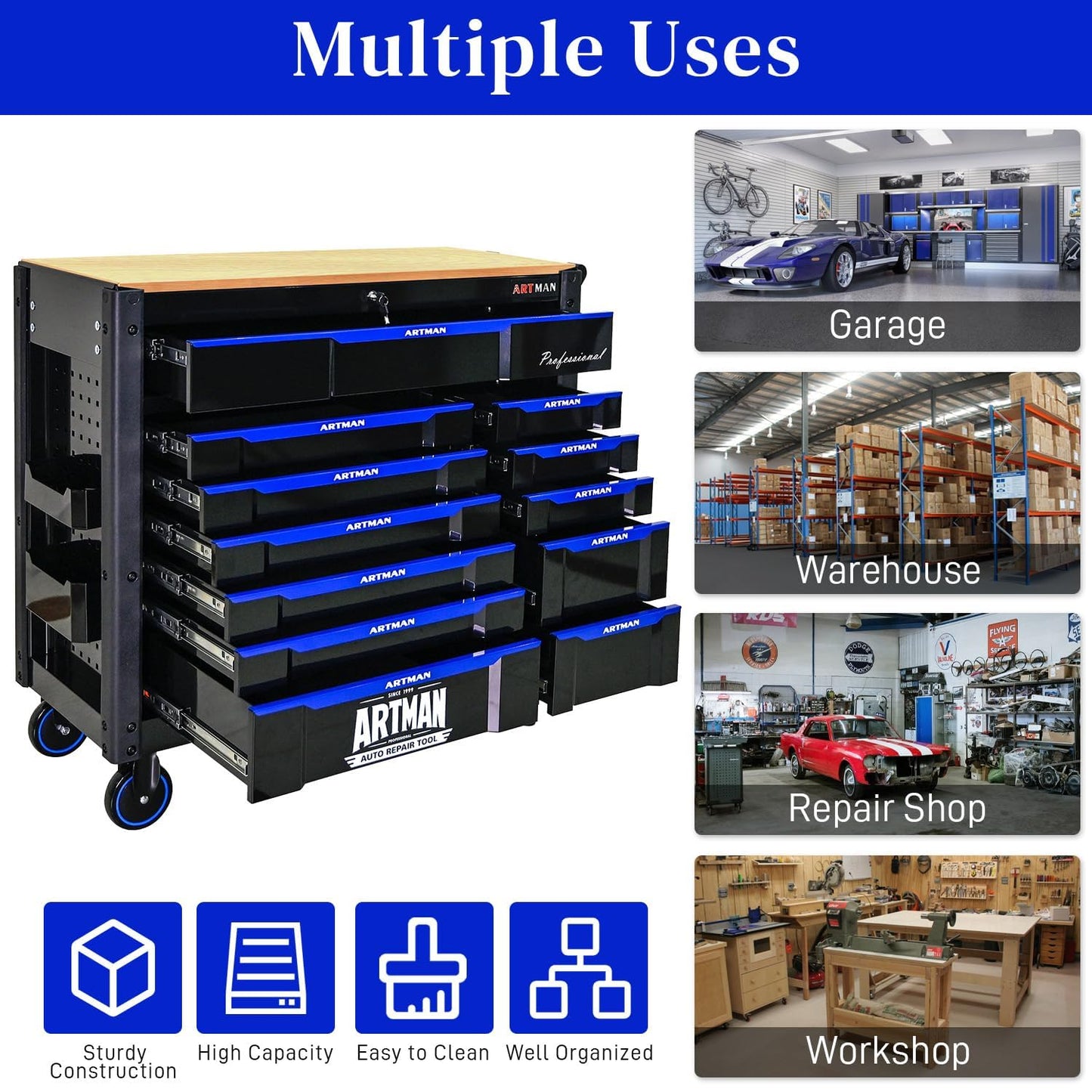 WTRAVEL Heavy Duty Rolling Tool Chest with 12-Drawer Tool Cart Mechanic Tool Box with Wheels Tool Storage Cabinet Mobile Workbench Tool Bench for Garage, Workshop, Warehouse, Repair Shop, Wood Top