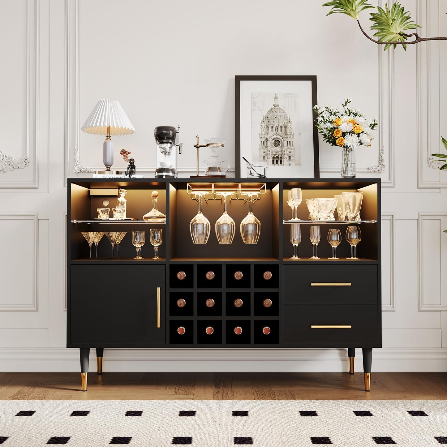 GarveeHome 47 in Bar Cabinet with LED Lights & Charging Station, Modern Sideboard Buffet Cabinet with Storage Drawers, Wine Rack & Doors, Coffee Bar Table for Living Room, Dining Room, Home- Black
