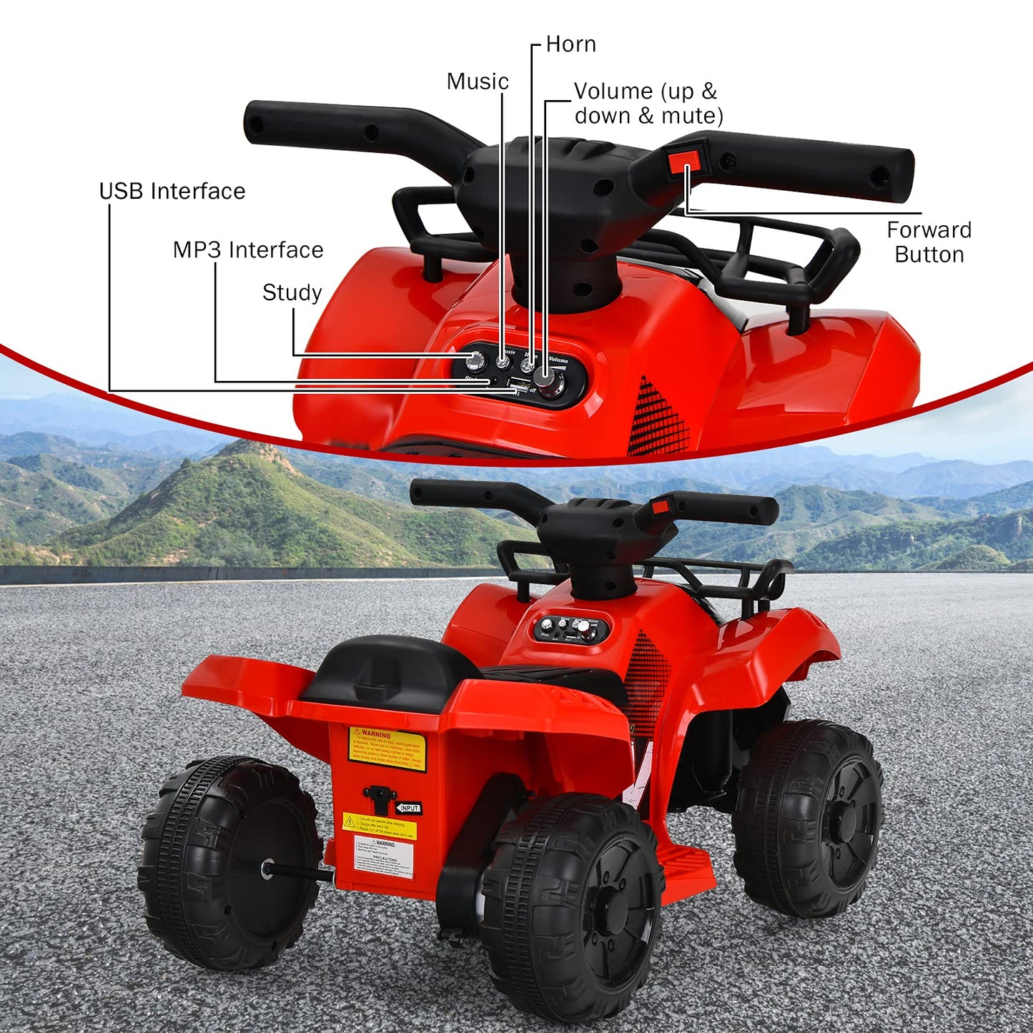 Costzon Kids ATV, 6V Battery Powered Electric Vehicle Four Wheeler Quad w/Storage Basket, Headlight, Horn, Music, MP3 & USB, Toddler 4 Wheeler Ride on Car Toy for Boys Girls 18-36 Months (Red)