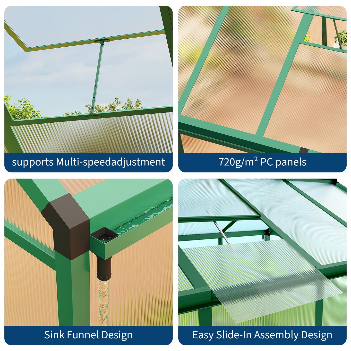 8×10 FT Greenhouse, Large Walk in Greenhouses for Outdoors and Garden Planting, Polycarbonate Greenhouse with Enhanced Aluminum Frame, Green Houses with Quick Setup Structure and Roof Vent, Green