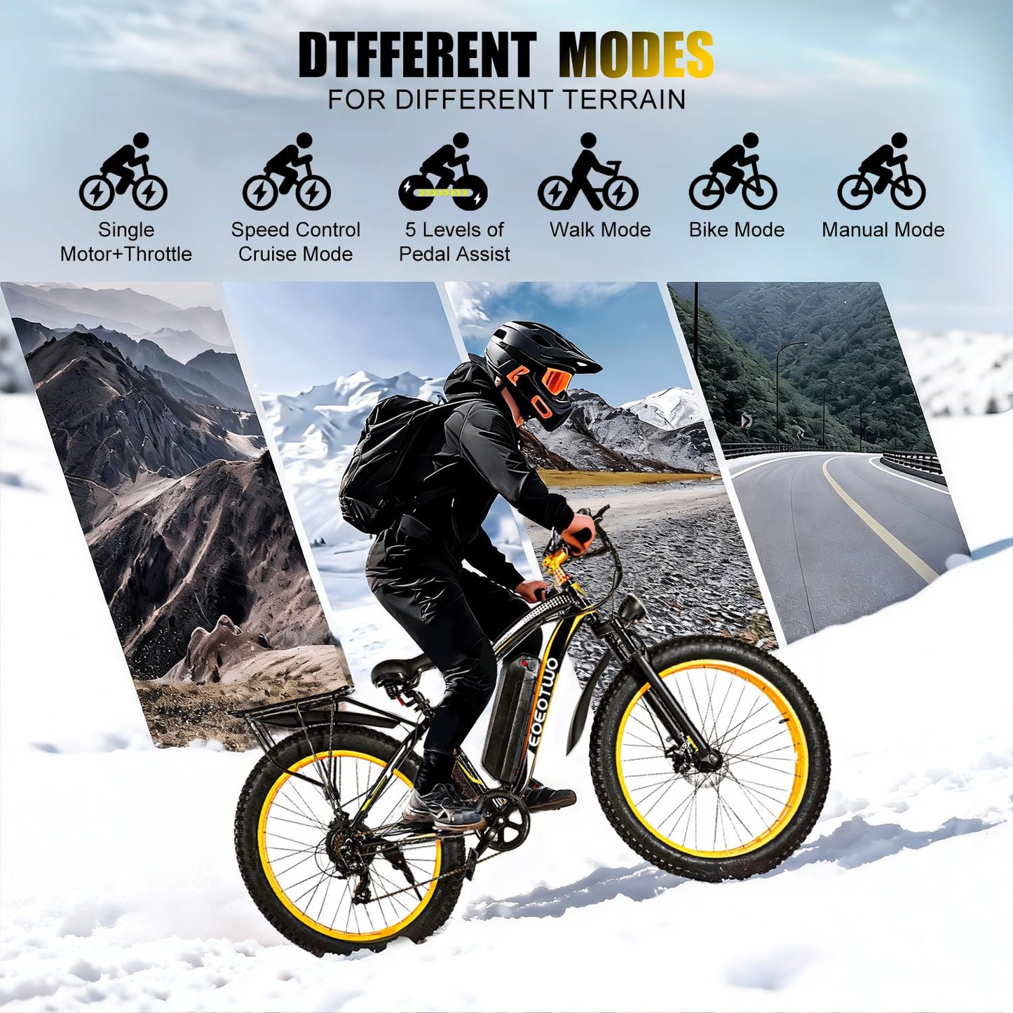 EOEOTWO 26" Fat tire Electric Bike for Adults, 1500W Peak Motor, 60 Miles Range Mountain Ebike, 34 MPH Speed,48V 15Ah Removable Battery, Off Road Mountain Commuting for Men, 7 Speed Yellow