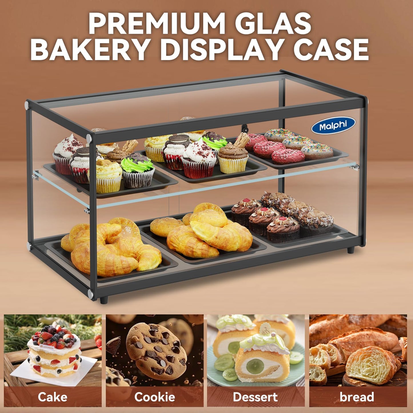 Malphi 29in. Tiered Pastry Bakery Display Case with Glass Shelf and Sliding Door,3cu. ft. Capacity|Large Bread Cookie Display Box | 29.3" x 15.3" x 15.4"