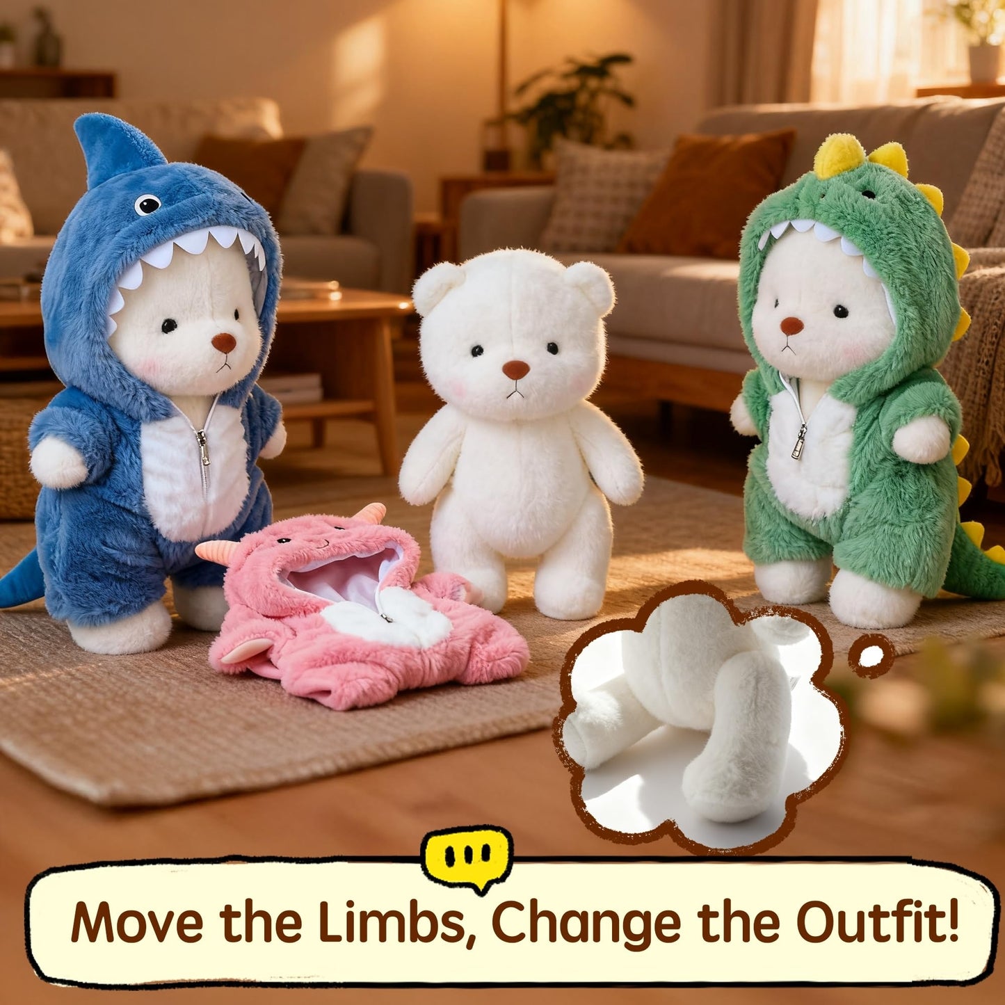 Teddy Bear Plush Figure Toys, Teddy Bears Stuffed Animals with Movable Legs Hoodie, 13'' Kawaii Emotional Support Plush Toys with Pink Lamb Clothes Soft Stuffed Bear Gift for Kids Toddlers Girls
