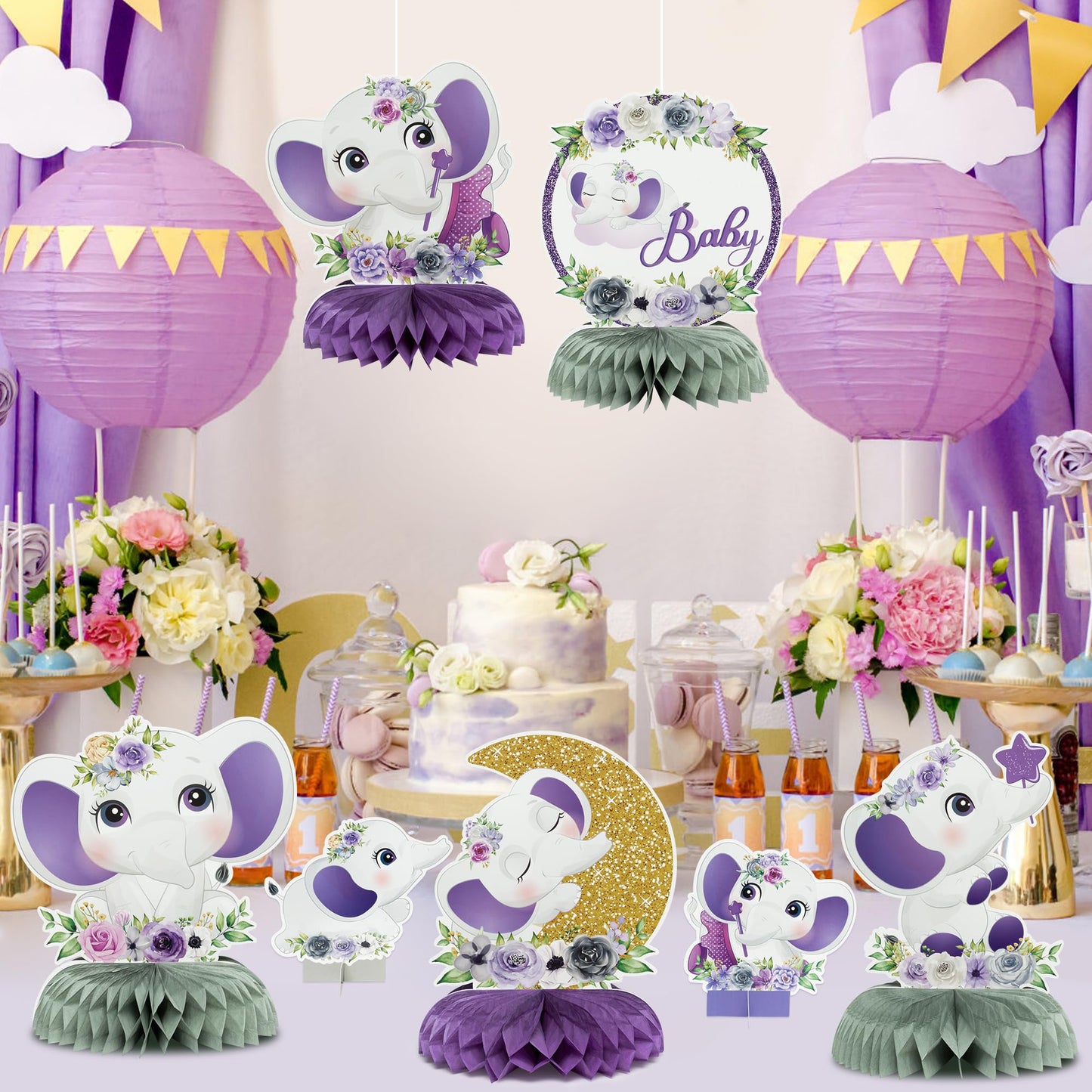 12 Pcs Purple Floral Elephant Honeycomb Centerpieces - Girl Baby Shower Party Table Decorations - Welcome Baby Party Table Toppers - Photo Props Decor