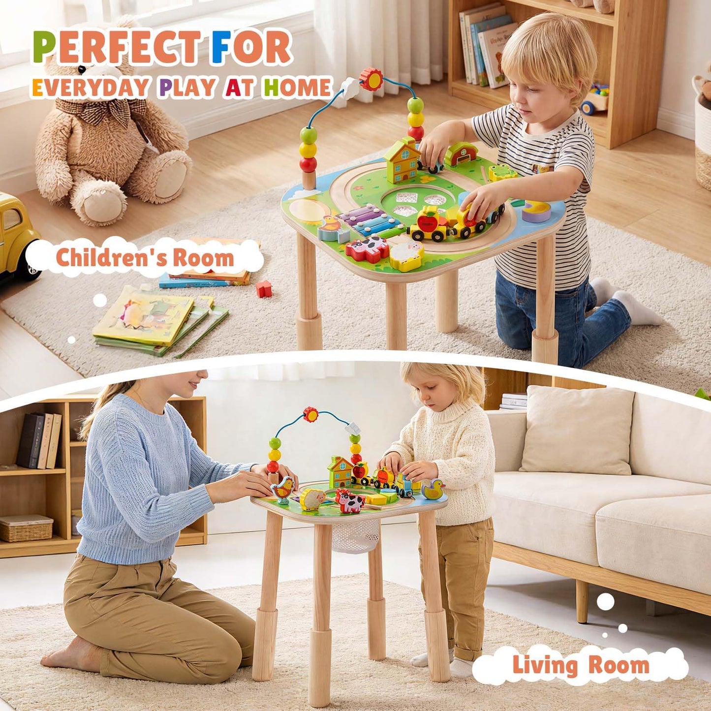 Activity Table for 1 Year Old with Two Height Levels,Wooden Sensory Play Table for Toddlers 1-3,8 in 1 Montessori Learning Toy with Bead Maze, Shape Sorter & Train,Gift for Baby Boys Girls (Farm)