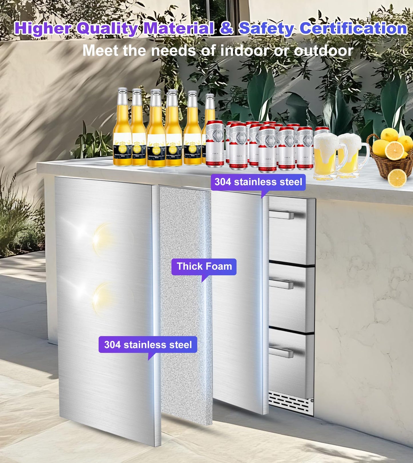 RLPI 3 Drawer Outdoor Beverage Refrigerator Undercounter, Hold 180 Cans 24 inch Weather Proof Stainless Steel Beverage Fridge, Built-in & Freestanding Beverage Cooler Fridge for Soda, Beer, Fruit