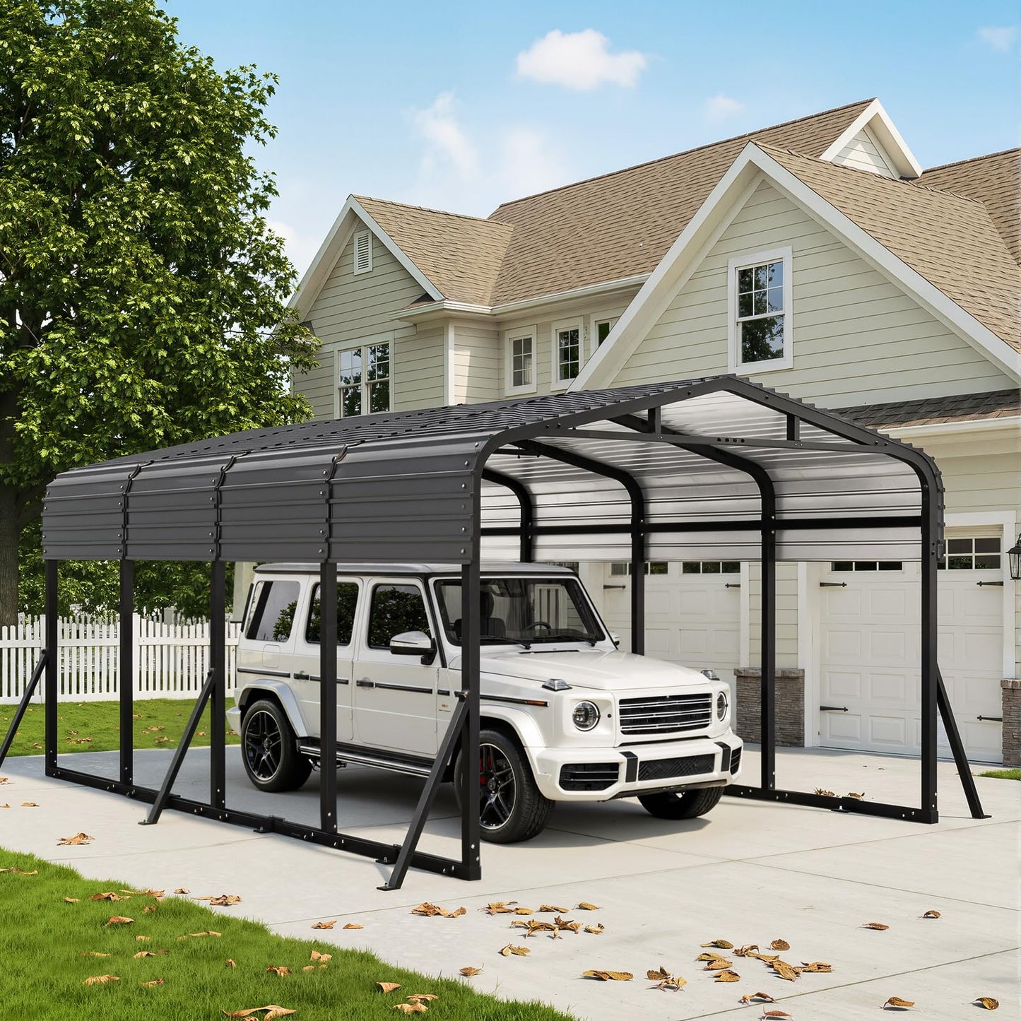 Jocoevol 12x20FT Heavy Duty Metal Carport, Outdoor Portable Car Garage w/Reinforced Support Rods & Windproof Ground Anchors, All-Season Versatile Outdoor Shelter for Car Boats Truck