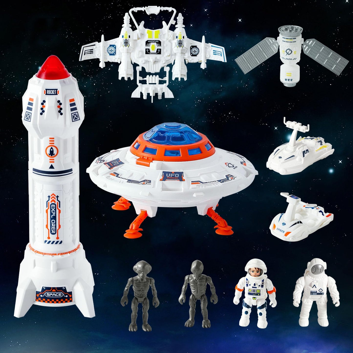 Wbzle Rocket Ship Toy, UFO Spaceship Toy Set with Alien, Space Toys with Lights and Sound, Astronaut Figure Playset, STEM Toddler Educational Toys for Boys 4-6 Year Old