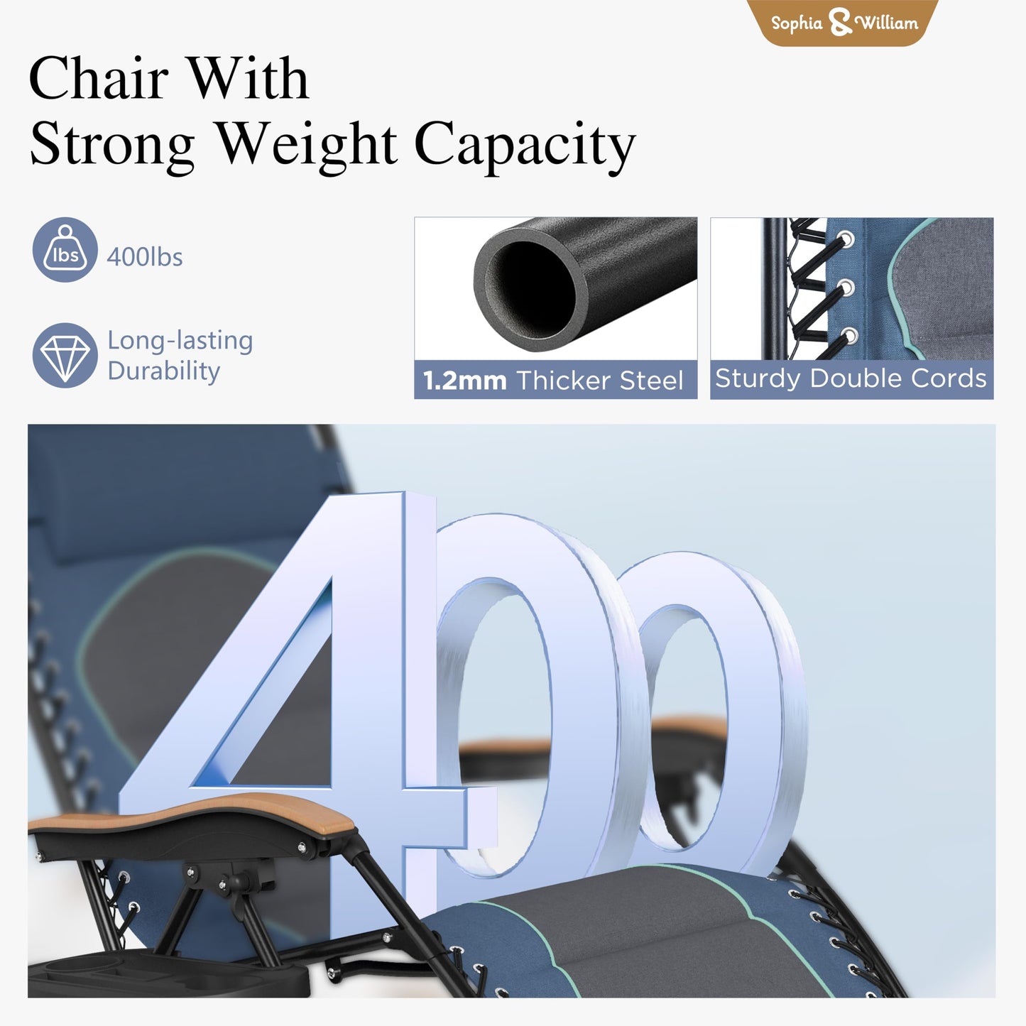Sophia & William Oversized XXL Zero Gravity Lounge Chair Padded Reclining Lawn Chair Outdoor Gravity Chair with Cup Holder, Support 400 LBS, Blue