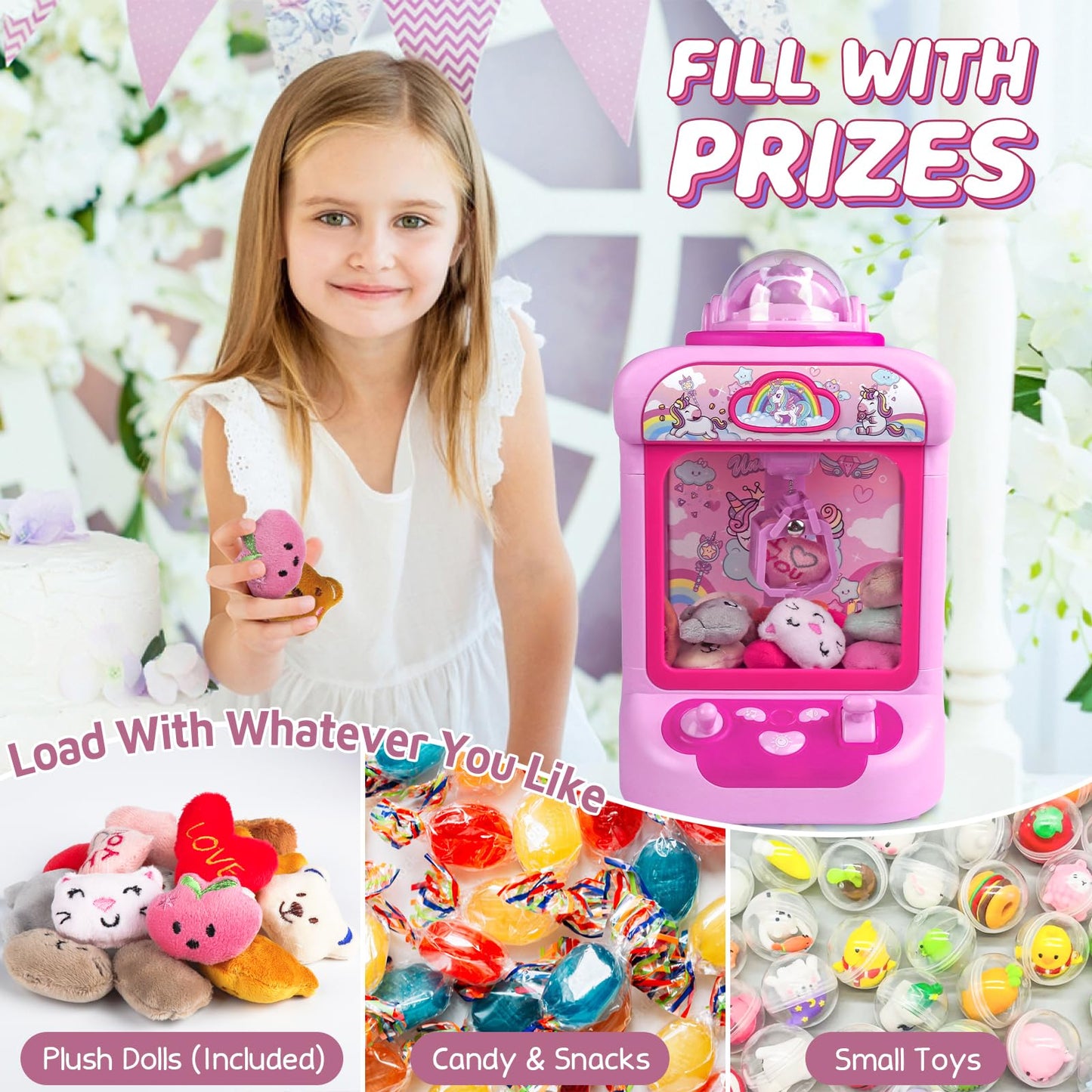Marlrin Claw Machine for Kids, Mini Vending Machine Girls Unicorn Toys, Candy Grabber Prize Dispenser with Sound & 20 Mini Plush Toys, Electronic Arcade Game Indoor Toy for Home Party Birthday Gifts