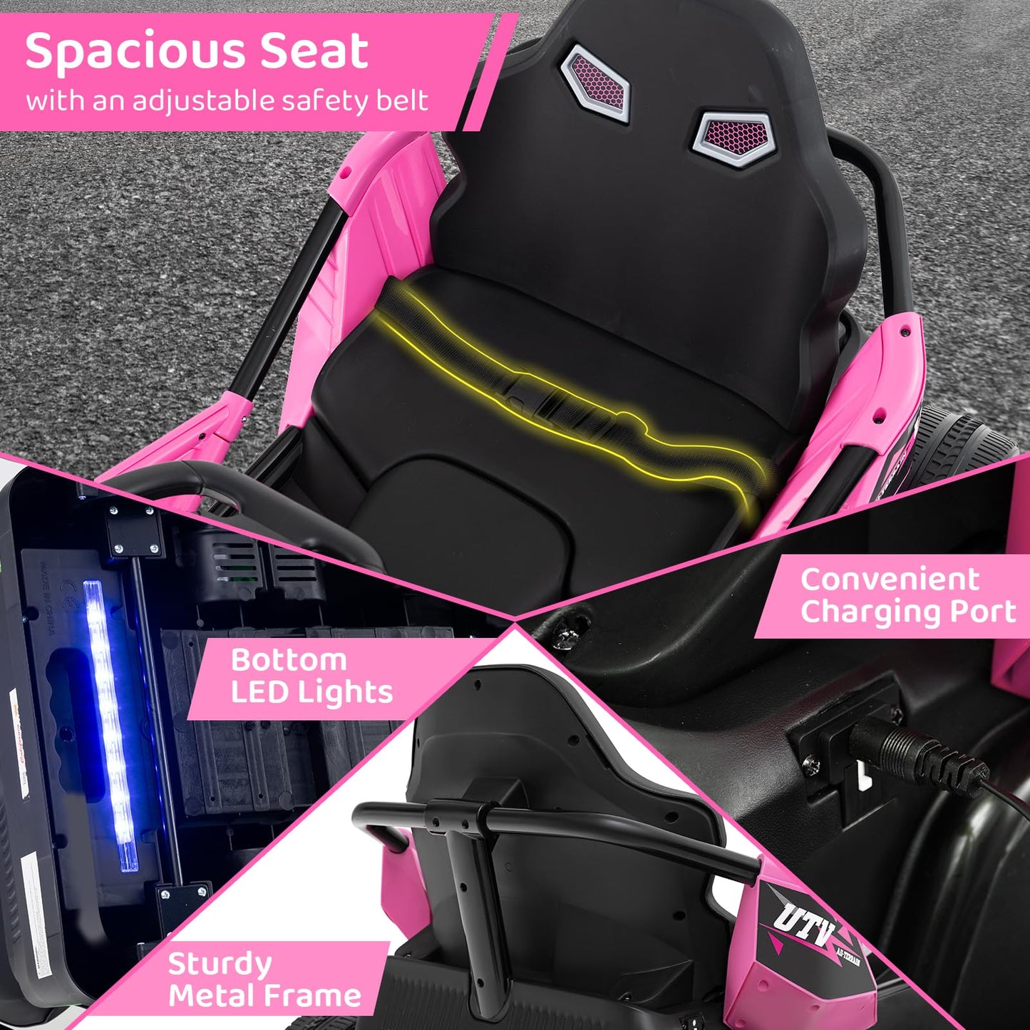 Costzon Electric Go Kart for Big Kids, 12V Ride on Race Toy Car w/Remote Control, LED Lights, 3 Speeds, 16" Wide Seat, Shock Absorbers, Horn & Music, Racing Kids Electric Kart for Boys & Girls (Pink)