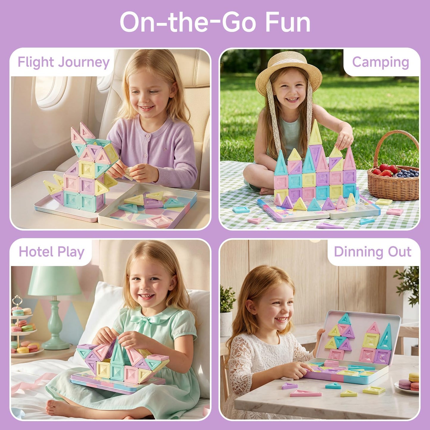 STEM MATCH Mini Magnetic Tiles Girls Travel Set: 40 PCS Macaron Building Block with Tin Box - 90 Mins Quiet Play 45s Cleanup - Fly Trip Road Trip Toys for Kids Age 3 4 5 6