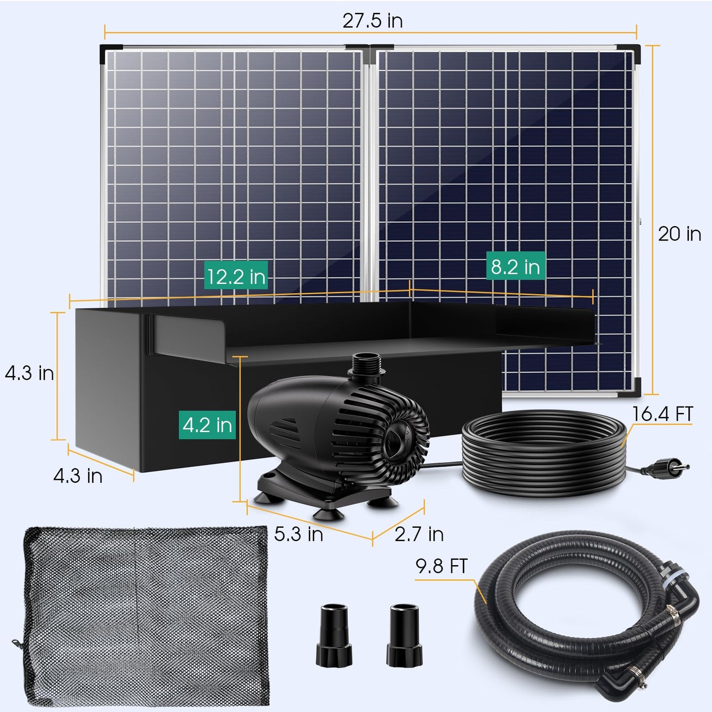POPOSOAP 70W Solar Water Pump with Pond Waterfall Kit, 304 Stainless Steel Pond Waterfall Spillway, Pond Spillway with 9.8FT Corrugated Tubing for Garden Water Features-P5703