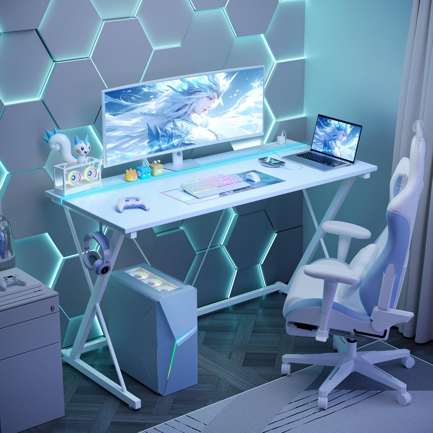 TIQLAB Gaming Desk with Power Outlets & LED 32 Inch Ergonomic Computer Carbon Fiber Surface Gamer, PC Workstation with Headphone Hook for Bedroom, Kids Desk Gift for Boys, White
