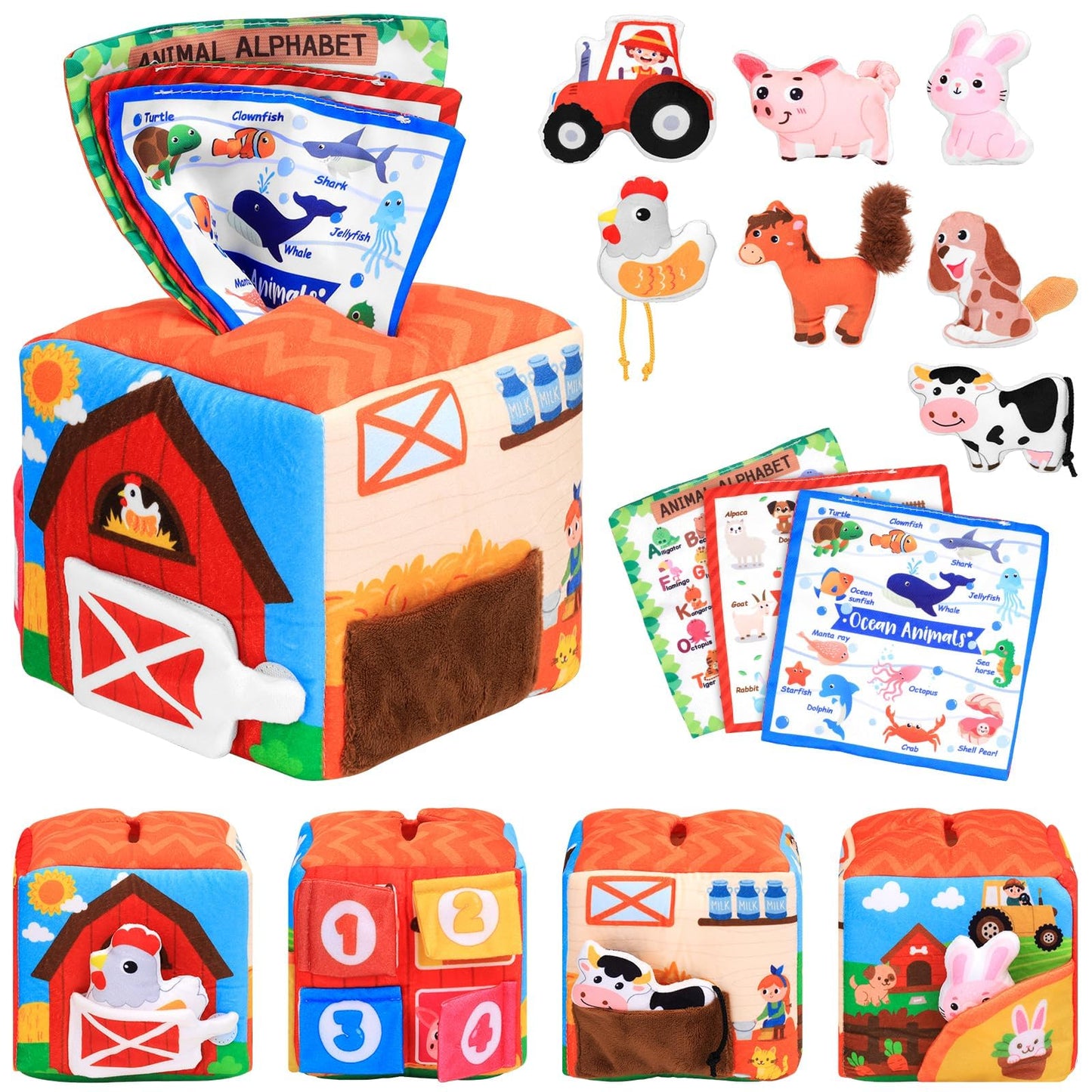 MPQMPQ Baby Tissue Box Toy Farm Crink Plush,Whats Inside Box Montessori Toys with Rattle,Crinkle,Mirror for Babies 6 9 12 18 Months Early Developmental Infant Sensory Learning Toys Newborn Gifts