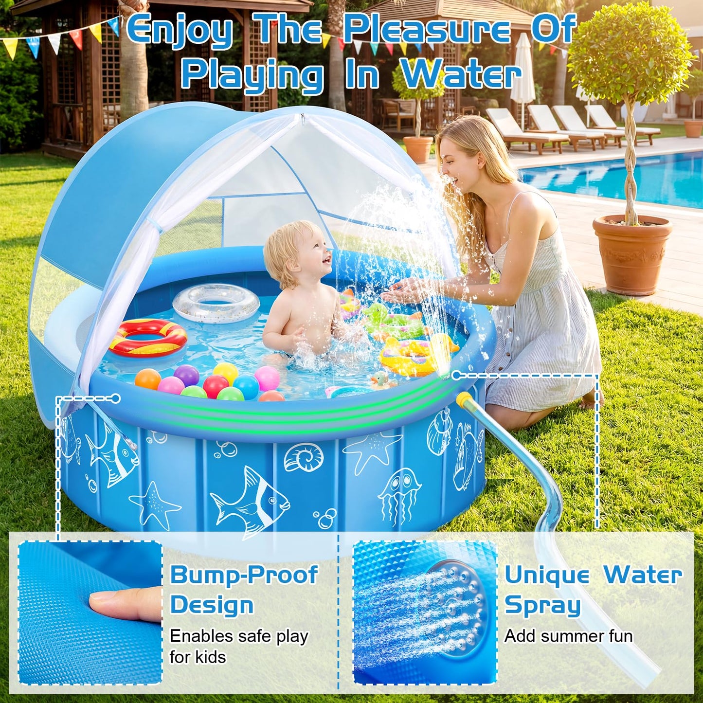 Upgraded Baby Pool with Canopy Sprinkler, 47in Foldable Kiddie Pool with Pop Up Mosquito Net, Baby Beach Tent with Sun Shade Canopy, Portable Toddler Kids Small Pool for Backyard Beach Outdoor