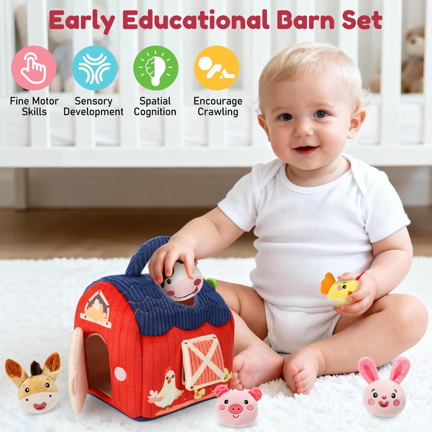 Baby Toys 6-12 Months, Montessori Sensory Barn Toys for Babies 3-6 7 8 9 10 12 18 Months, Stuffed Farm Animal Toys for Toddlers 1-3, Infant Toys Christmas Gifts for 1 2 Year Old Boys Girls