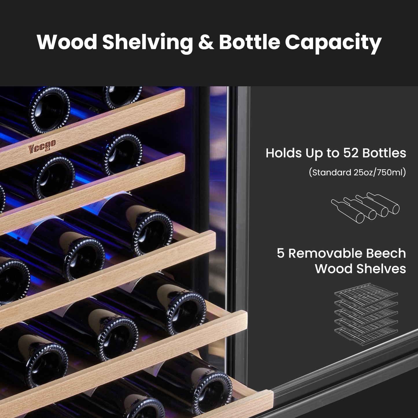 Yeego Wine Fridge Cooler - 24 Inch Wine Fridge Hold 52 Bottles, 40-65°F Wine Refrigerator Glass Door, Built in, Freestanding Under Counter Fridge for Beer Soda Drink Home Bar Office(5.12 Cu.ft)