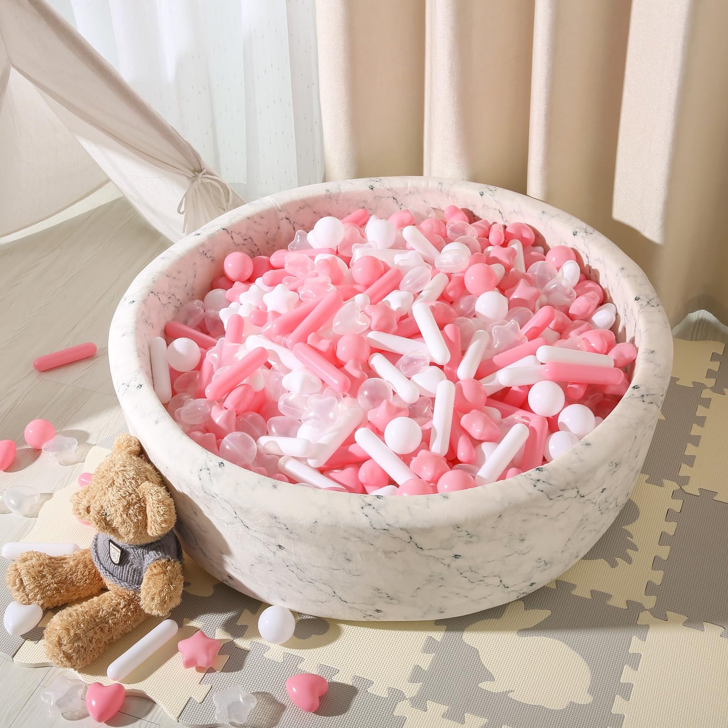 STARBOLO Ball Pit Balls for Kids -200pcs Stars Hearts Strips Crush Proof Play Balls Plastic Macaron Toy Balls for Ball Pit, Baby Pool Water Toys, Play Tent, Birthday Party Decoration