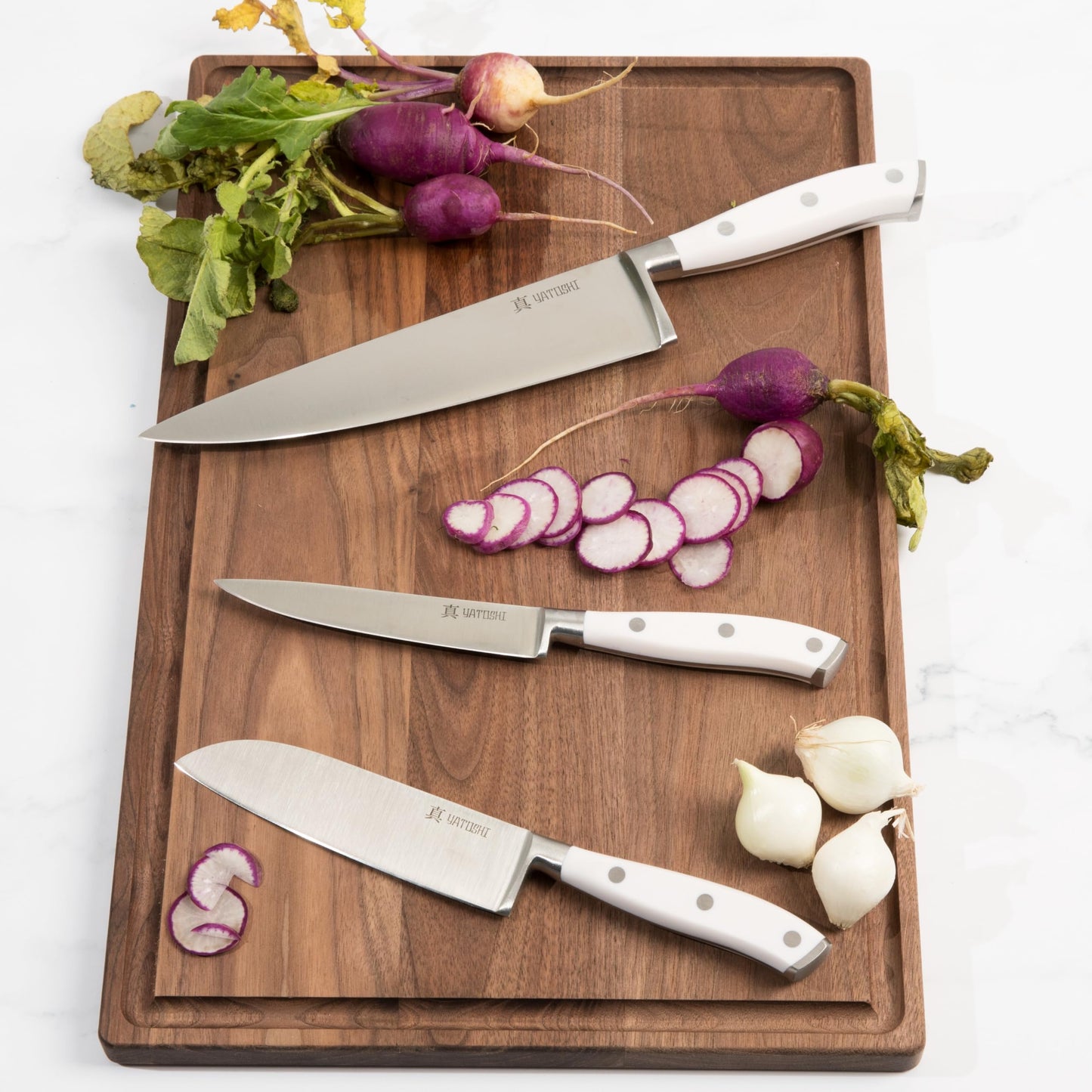 Yatoshi 15 Piece White Knife Block Set - Pro Kitchen Knife Set Ultra Sharp High Carbon Stainless Steel with Ergonomic Handle