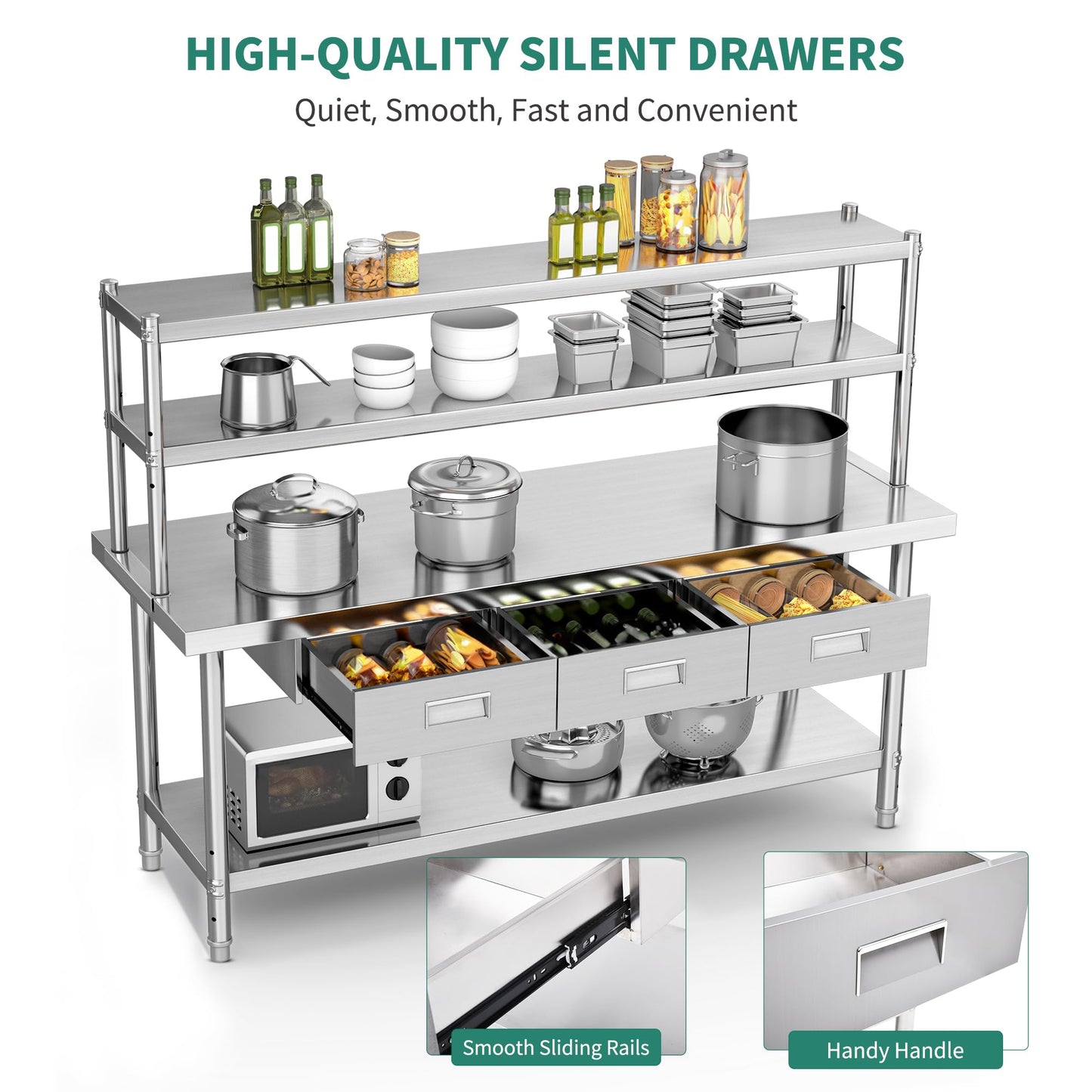 YITAHOME NSF Stainless Steel Table with Overshelves & Drawers, 72" X 24" Worktable with 72" X 12" Shelf & 3 Drawers, Metal Prep Workstation