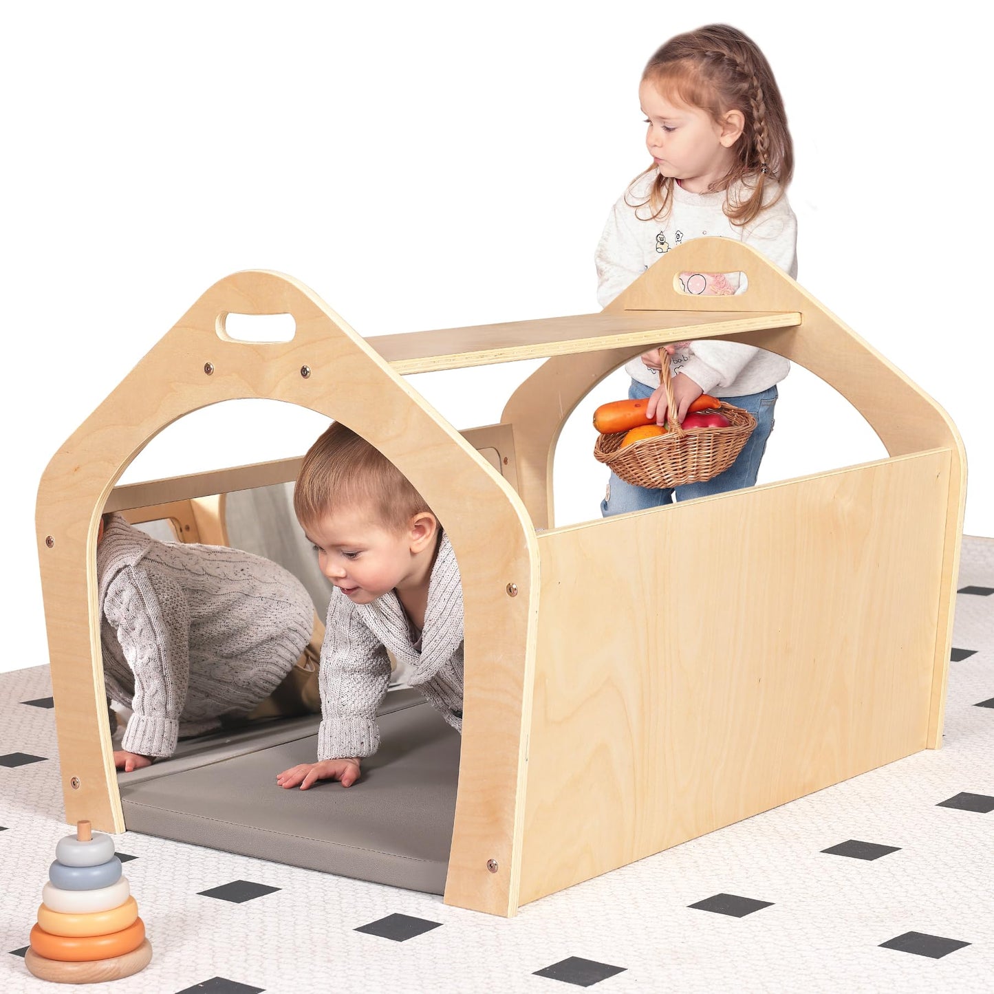 KRAND Wooden Playhouse for Toddlers w/Double Non-Shatter Safety Mirrors, Montessori Crawling Tunnel/Crawl-Through Play Set for Children and Kids, Daycare and Preschool Playroom(with Cushion)