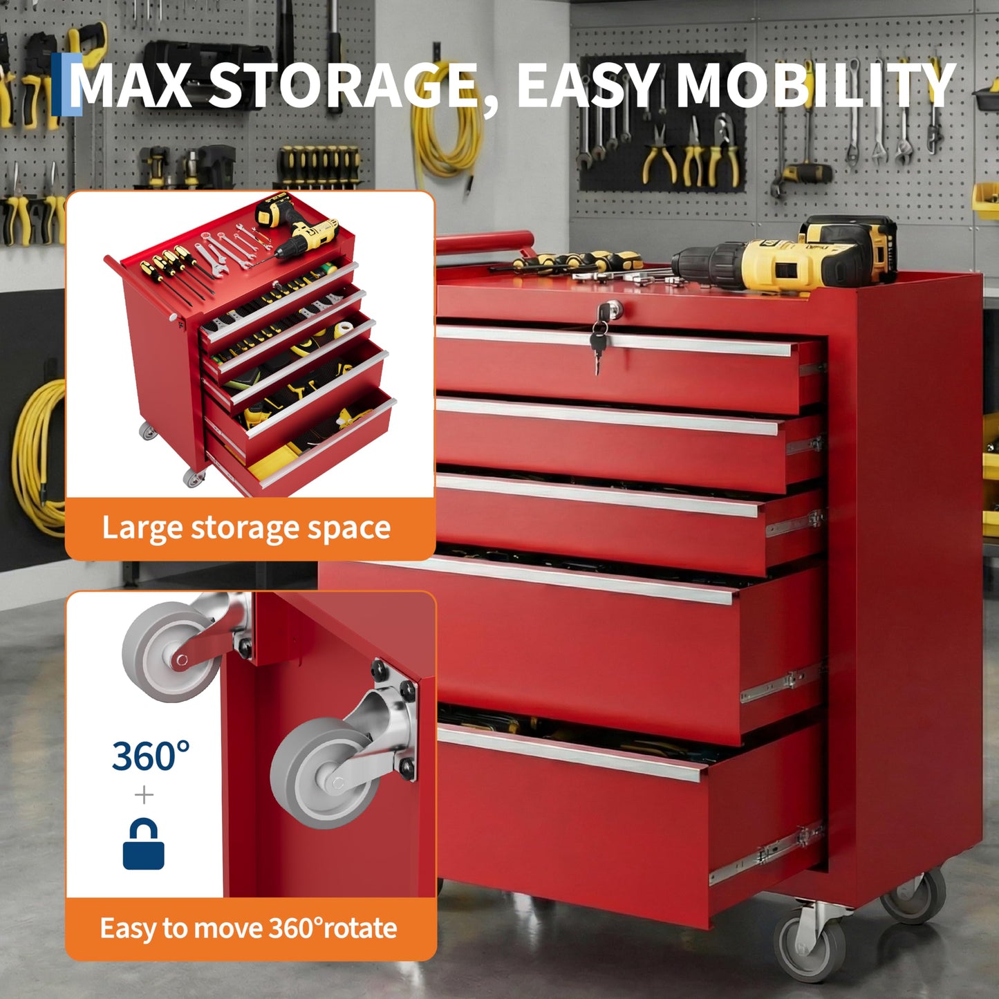 IDEALHOUSE Rolling Tool Chest, 5 Drawers Tool Storage Cabinet, Toolbox with Wheels, Portable Tool Cabinet Organizer with Locking System & Drawer Liners, Tool Storage Cart for Garage, Workshop, Red