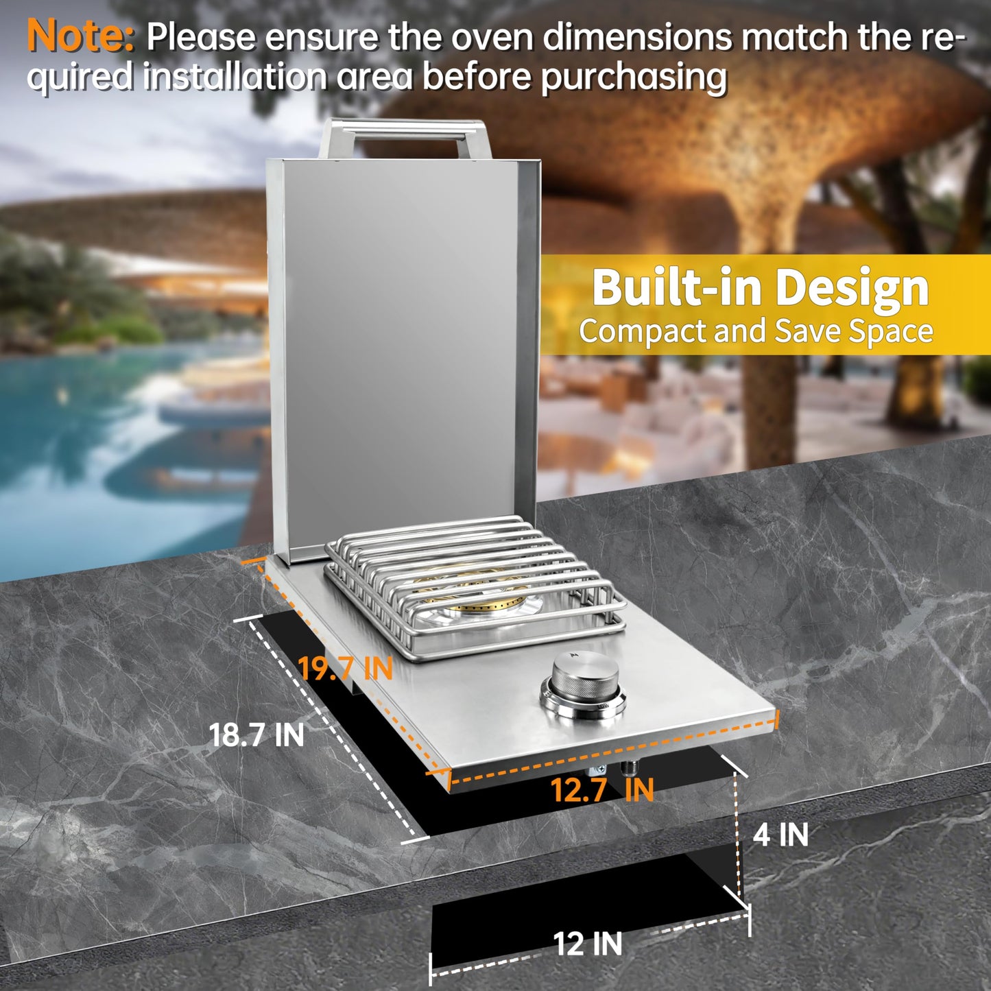 Qualipo Single Grilling Side Burner, 15,000BTU Liquid Propane for Outdoor Kitchen, Heavy-Duty 304 Stainless Steel, Convertible to Natural Gas, Built-in Single Side Burner for BBQ Grill Island