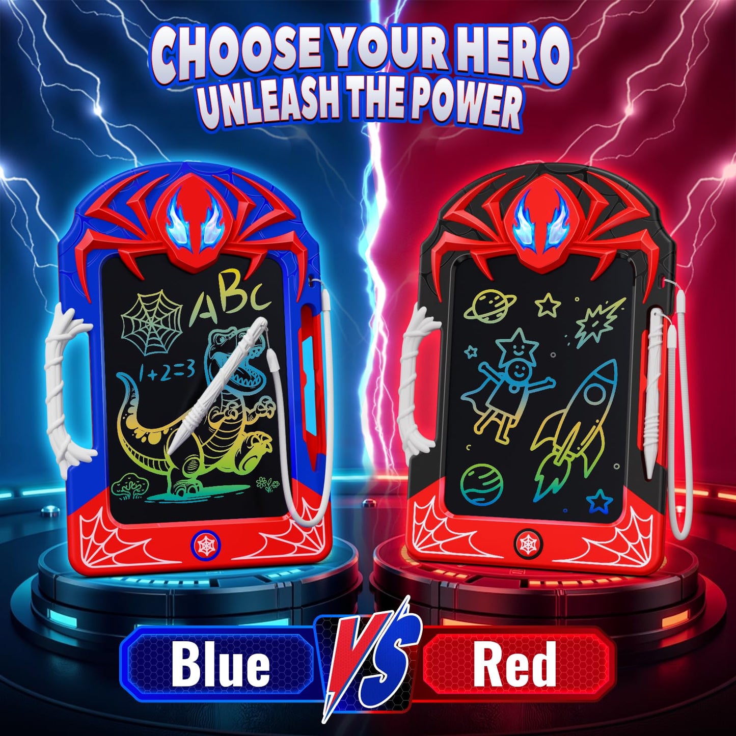 LCD Writing Tablet 2 Pack–Red & Blue Hero Styles with Web Stylus & Grip, Colorful Doodle Board Drawing Pad Toy Gift 3 4 5 6 7 8 10 11 12 Year Old Boys Girls Toddler Age 3-4 4-6 6-8 8-12 Birthday Gift
