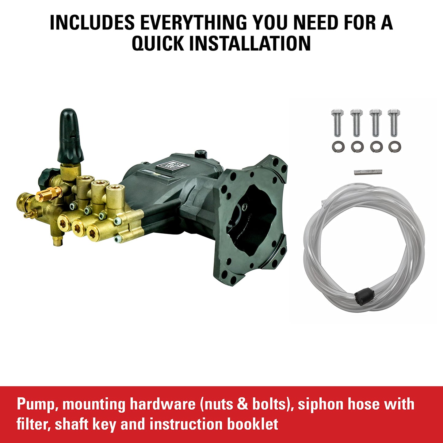 AAA Pumps 90038 Horizontal Triplex Plunger Replacement Pressure Washer Pump Kit, 3800 PSI, 3.5 GPM, 1" Shaft, Includes Hardware and Siphon Tube, for Industrial Gas Powered Machines, Black