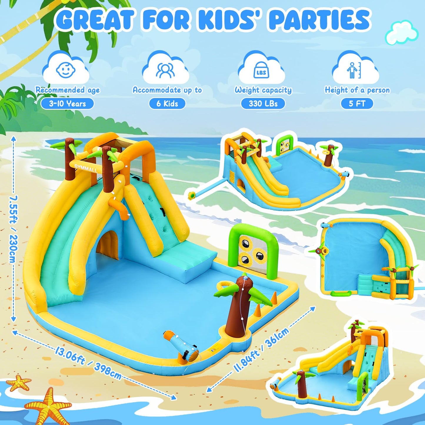 GYMMALL Inflatable Water Slide Bounce House with 450 W Blower, Blow up 10-in-1 Waterslide Park Bouncy Castle Outdoor and Indoor, Bouncer House with Splash Pool, Sprinklers and Long Slide