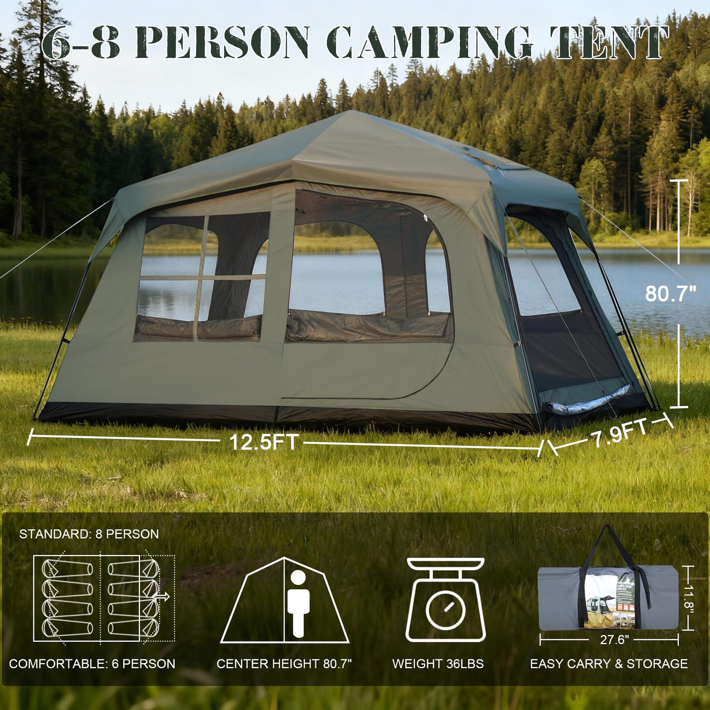 Castle Unicorn 6-8 Person Camping Tent with Porch, Large Family Cabin Tent with 2 Rooms 3 Doors, Tall & Spacious, Waterproof Glamping Tent, Big Tents for Outdoor Camping Hiking Backyard
