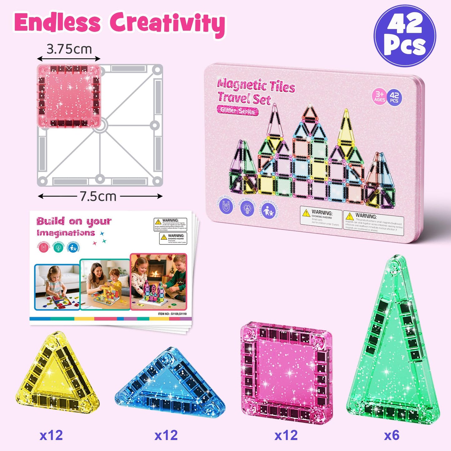 WMXDU 42-Piece Glitter Magnetic Tiles Travel Set with Pink Metal Box - Portable STEM Building Blocks for Kids Ages 3-8 Boys & Girls STEM Montessori Educational Toys for Airplane Car Rides