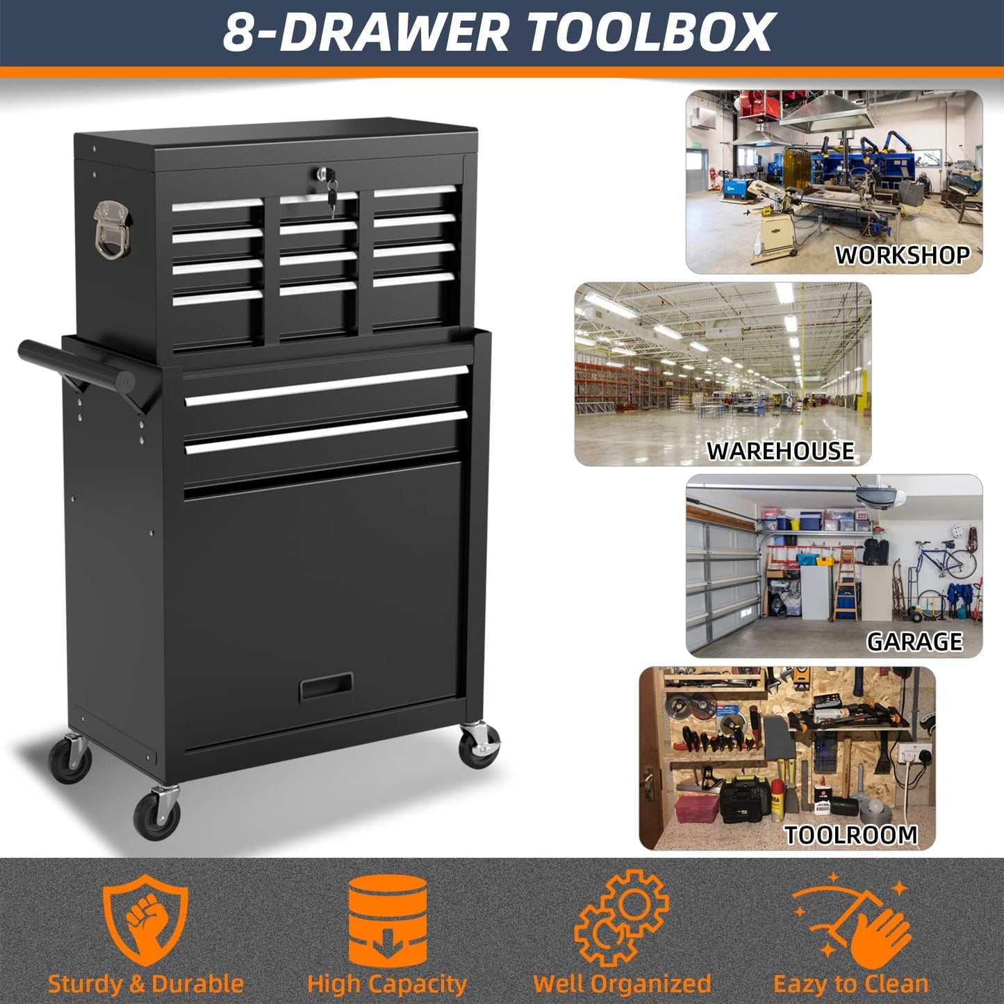 DYneeds 8-Drawer High Capacity Rolling Tool Box, Removable Cabinet Storage Tool Chest with Wheels and Drawers, Detachable Toolbox with Lock for Mechanics Garage Workshop and Tool Room (Black)