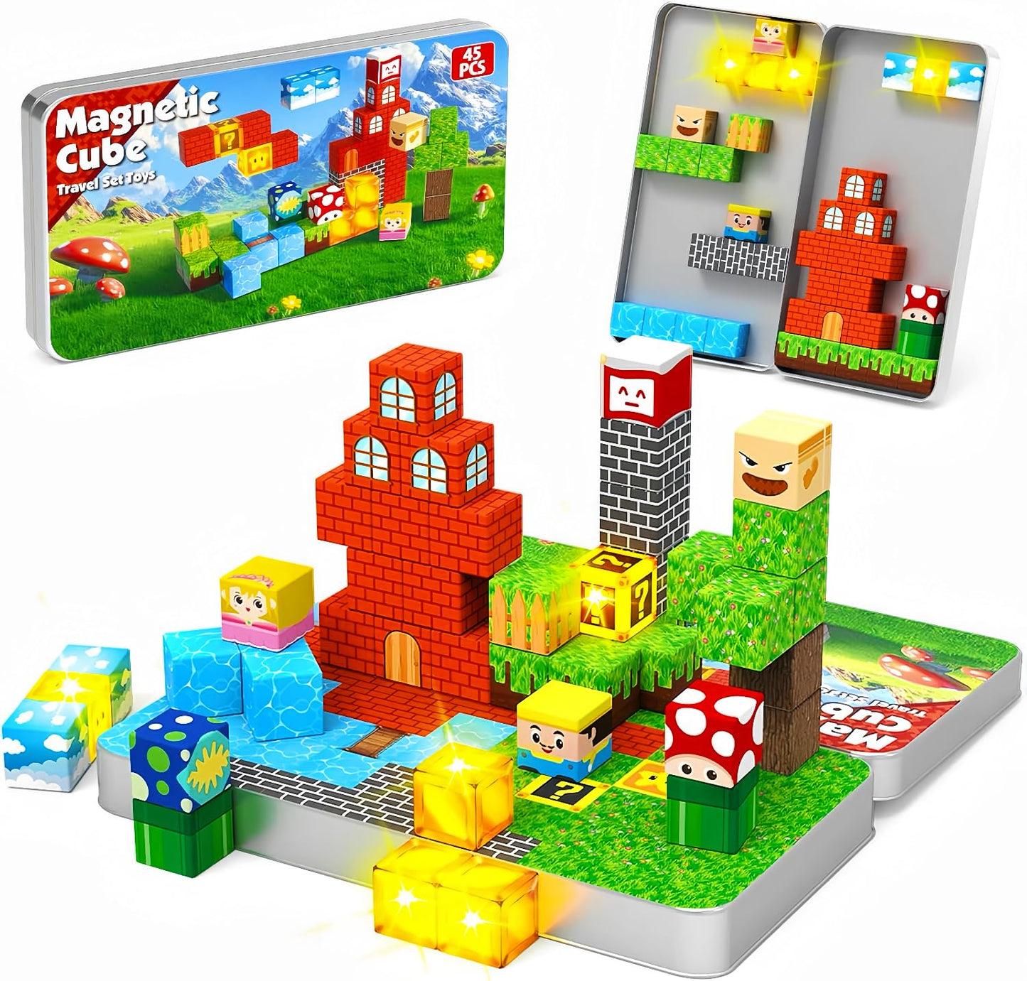 Goody King 45pcs Travel Toys Magnetic Blocks with Metal Box, Light up Magnetic Blocks, Educational STEM Toys for Kids 3 4 5 6 7 8 9 10, Travel Construction Play Set, Christmas Birthday Gifts