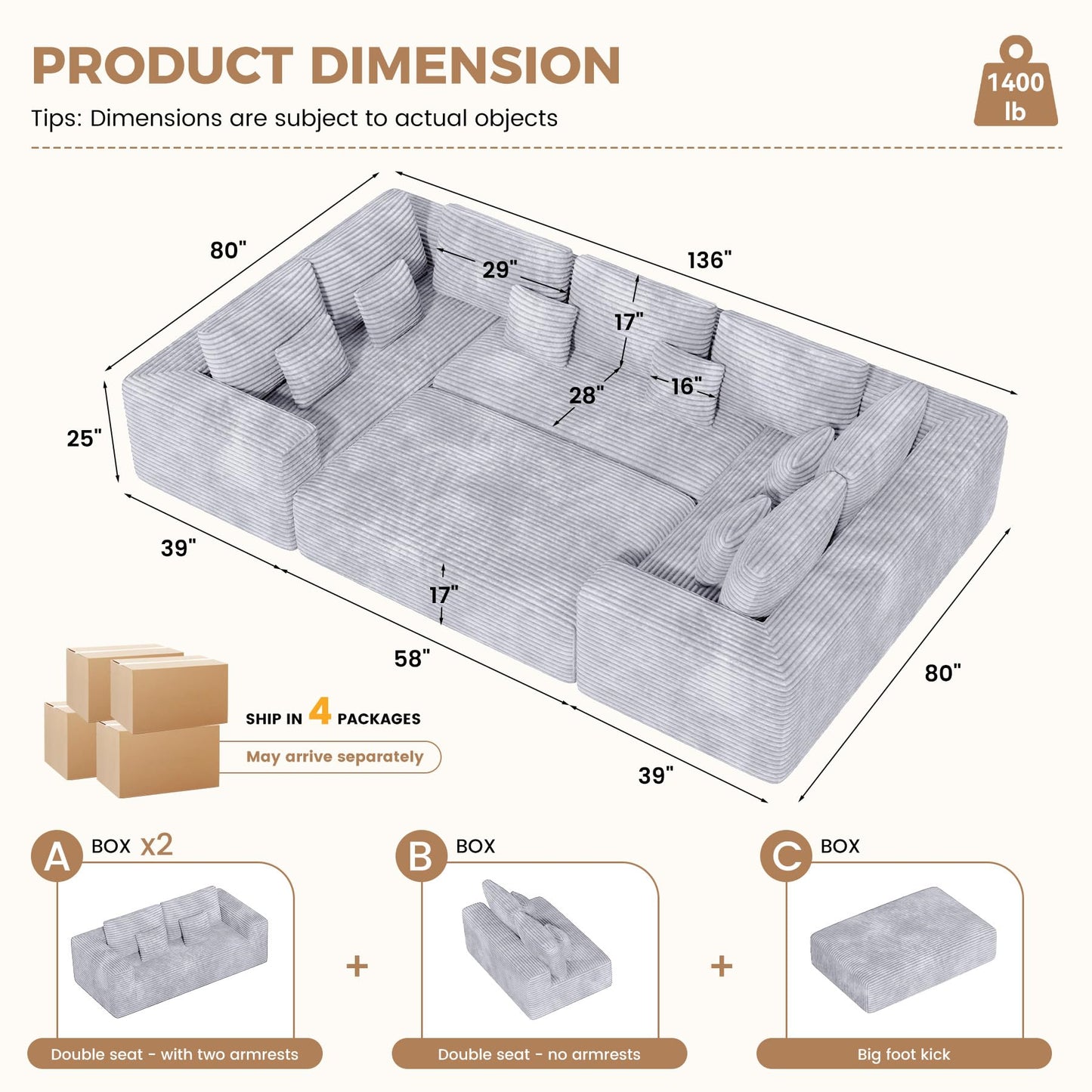 Luxanimarion 136'' Large Sectional Cloud Couches with Chaise, U Shaped Boneless Sofa Bed with Ottoman, No Assembly Required Deep Seat Modular Lounge for Living Room 4PCS Set, Bedroom(Light Grey)