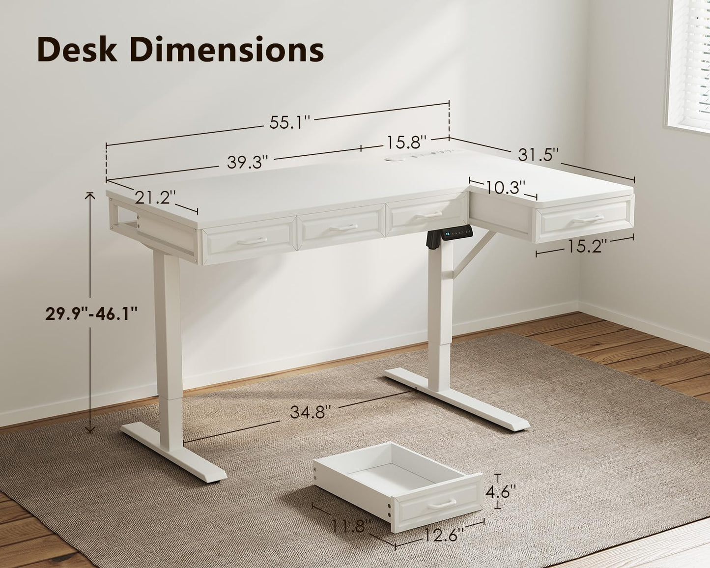 OffiGo L Shaped Electric Standing Desk with Wooden Drawers, 55 Inch Height Adjustable Corner Workstation with Power Outlets, Sit Stand Table for Home, Office, White