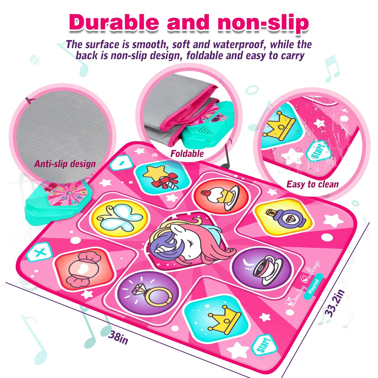 Kusntin Dance Mat, Dance Mixer Rhythm Step Play Mat, Pink Dance Pad with LED Lights, Adjustable Volume, Built-in Music, 5 Game Modes, Xmas Birthday Gifts for 3-10 Years Girls Toys (Multicolor)