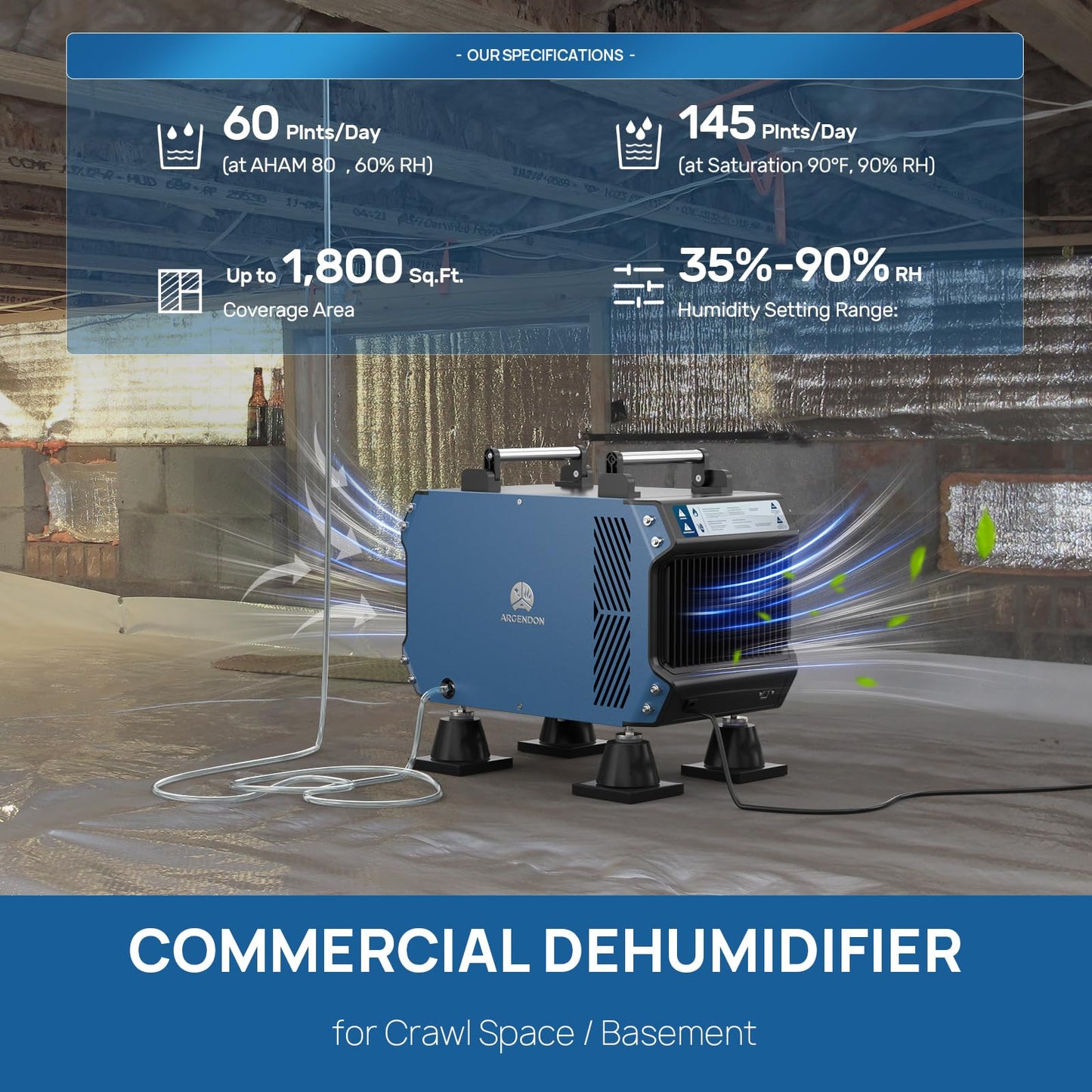 ARGENDON 145 Pint Crawl Spaces Dehumidifier with Pump, Energy Star Certified Commercial Dehumidifier with Drain Hose for Basement, Auto Defrost, Compact, Large Spaces up to 1800 Sq.Ft