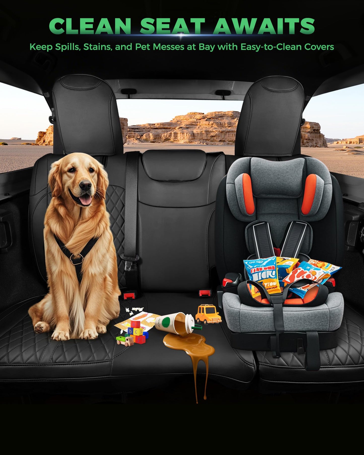 RIDEPOSH for Jeep Wrangler Seat Covers 4Door JL 2018 2019 2020 2021 2022 2023 2024 2025 2026, Custom Fit Car Seat Cover Full Set, Luxury Waterproof Leather Seat Protectors, Black, W/O Rear Cup Holder