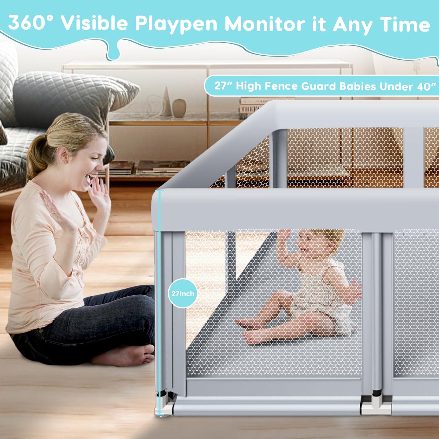 Fshibila 74" ×50" Large Baby Playpen, Baby Playard for Babies and Toddlers, Baby Fence Play Pens for Indoor & Outdoor, Sturdy Safety Play Yard with Soft Breathable Mesh, Anti-Fall, Grey