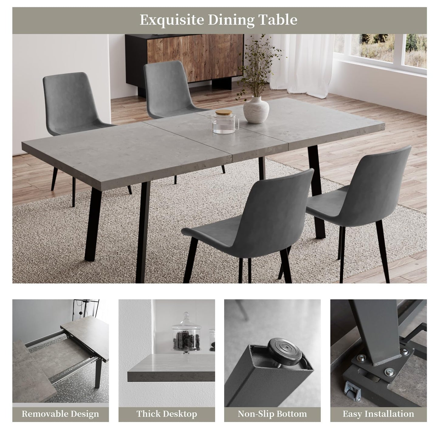Zerifevni 47.2"- 62.9" Extendable Dining Table Set for 6, Modern Kitchen Table with 6 Dining Chairs for 4-6 Person, Thickened Expandable Wooden Table with Steel Legs for Dining Room, Kitchen