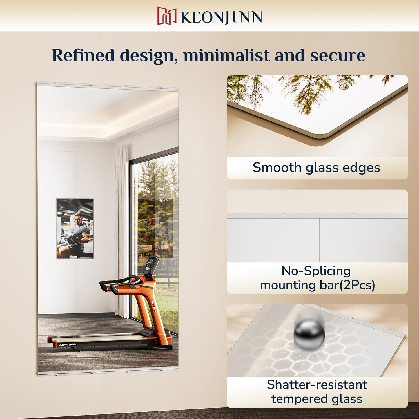 Keonjinn Home Gym Mirror, 72" x 36" Workout Mirrors for Home Gym, Frameless Tempered Glass, Full Body Wall Mirrors for Fitness Exercise, Yoga Room, Dance Studio, Garage