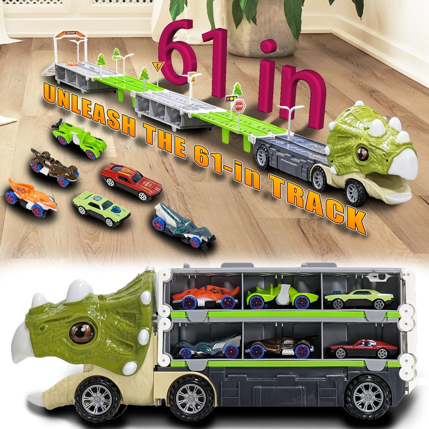 Dinosaur Toys for Kids 3-5,61 Inch Foldable Dinosaur Truck with 6 Dinosaur Cars,Dinosaur Truck Race Track with Lights & Sounds,Dinosaur Cars Set Birthday Gifts Toys for 3 4 5+ Year Old Boy and Girl