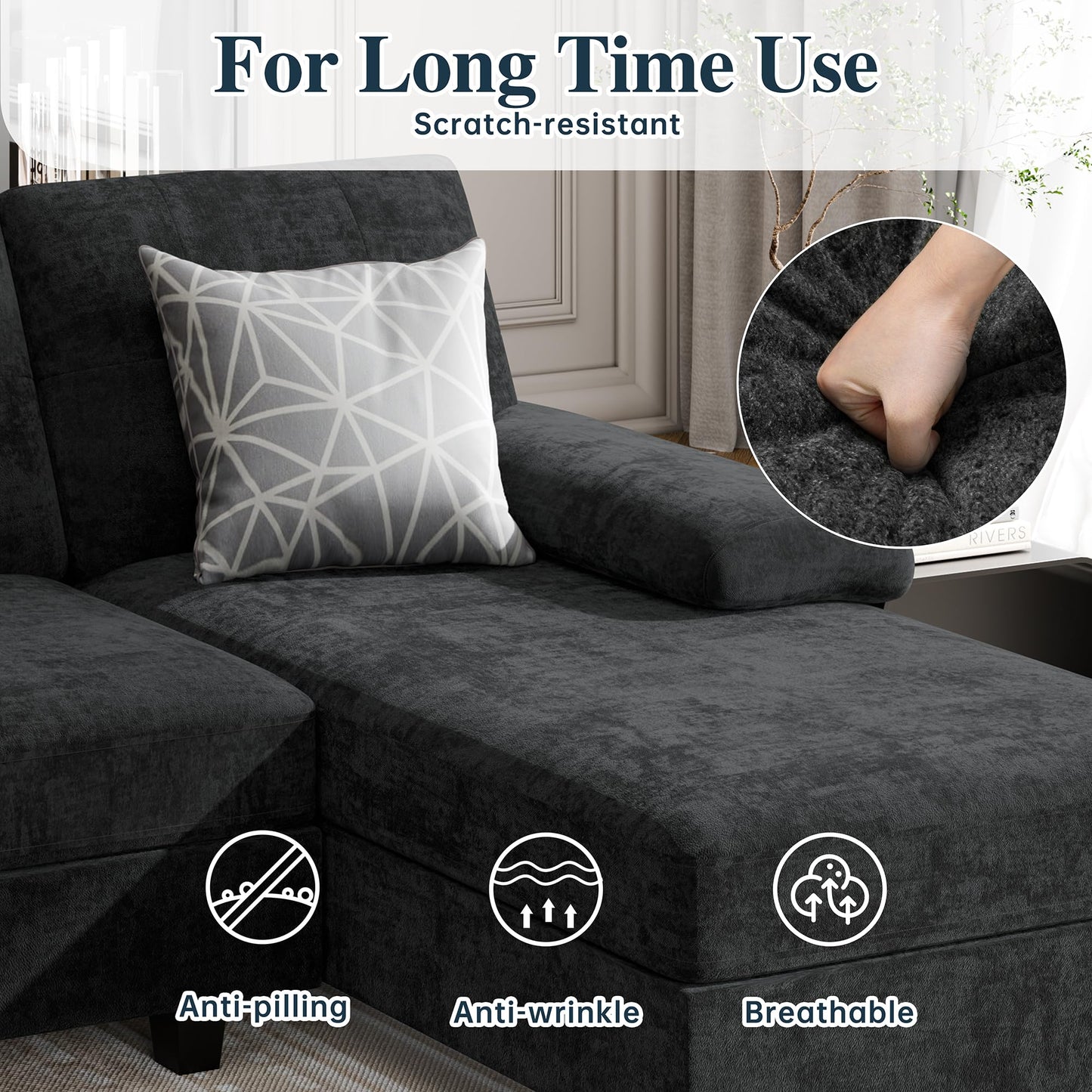 Shintenchi U-Shaped Sectional Couches for Living Room, 4 Seat Sofa with Double Chaise Lounges,Solid Wood Frame Sectional Sofa for Apartment,Black