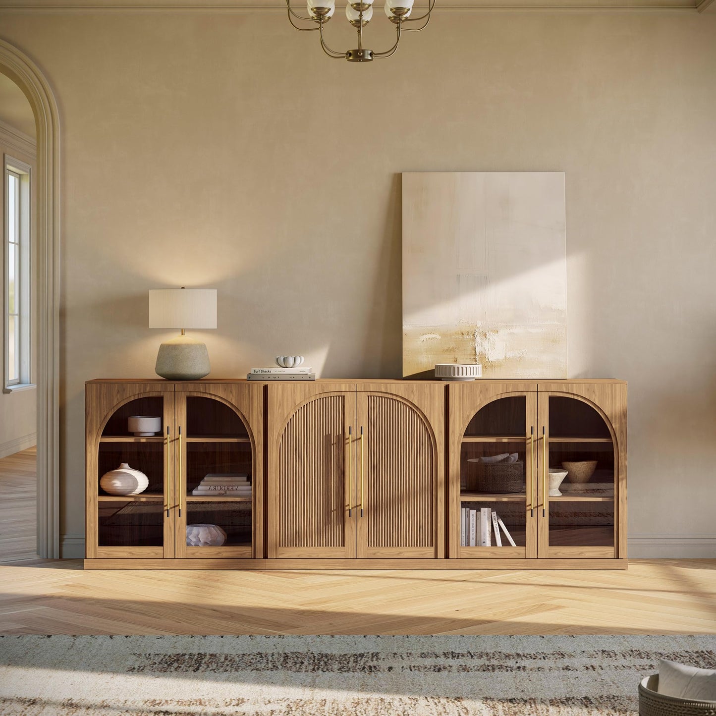 BELLEZE 3-Piece Modular Buffet Cabinet with Storage Freely Configurable, 97'' Modern 2 Arched Glass Door Sideboards and 1 Double-Arc Wood Door Credenza for Dining Room Living Room Entryway - Camel