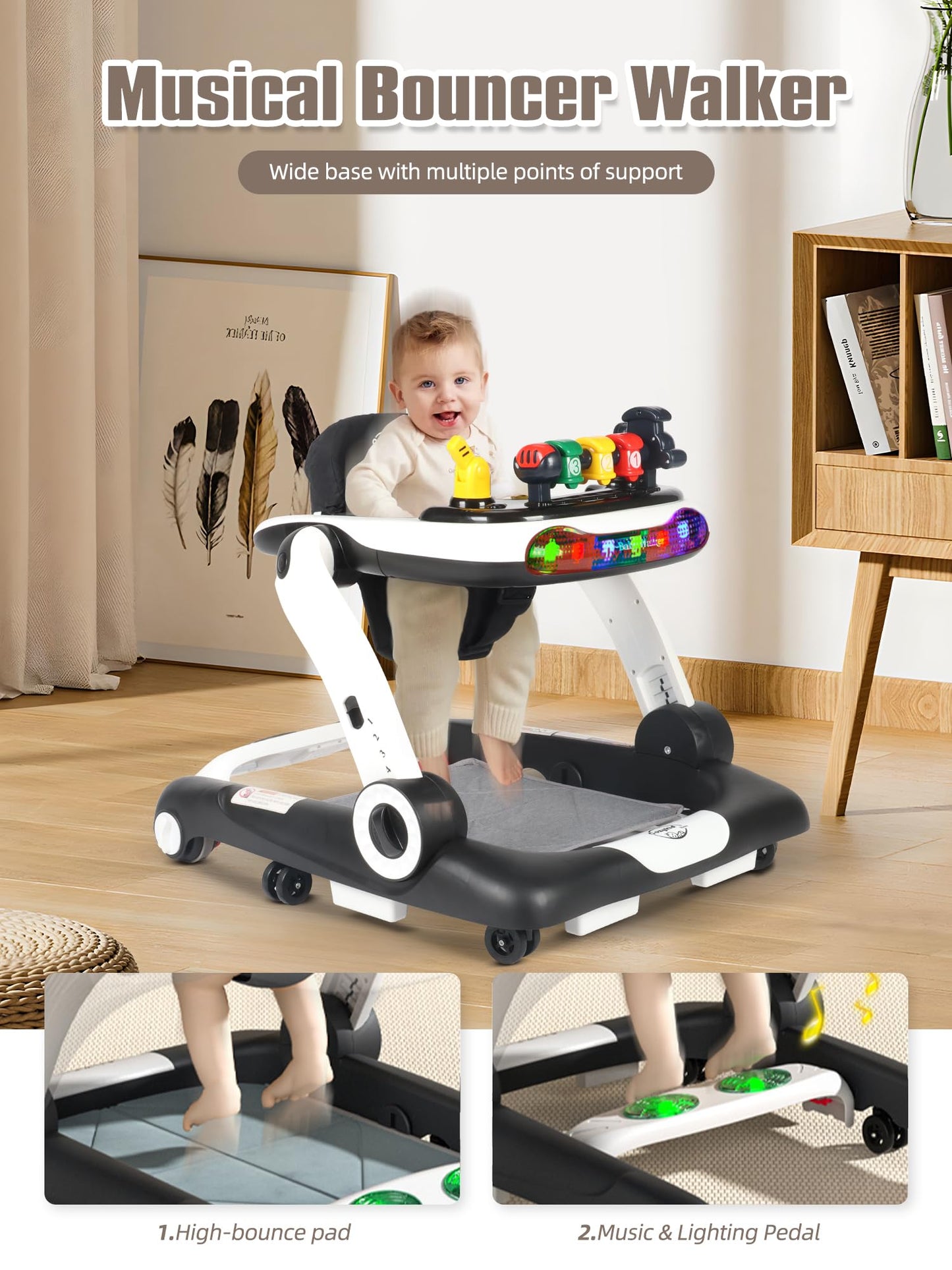 Music and Lights Baby Walker with Wheels, 6 in 1 Baby Activity Center w/Ergonomic backrest Design, Baby Walkers for Boys w/Foot Pads, Music Bouncer Walkers for Boys Girls Babies 6-18 Months, Black