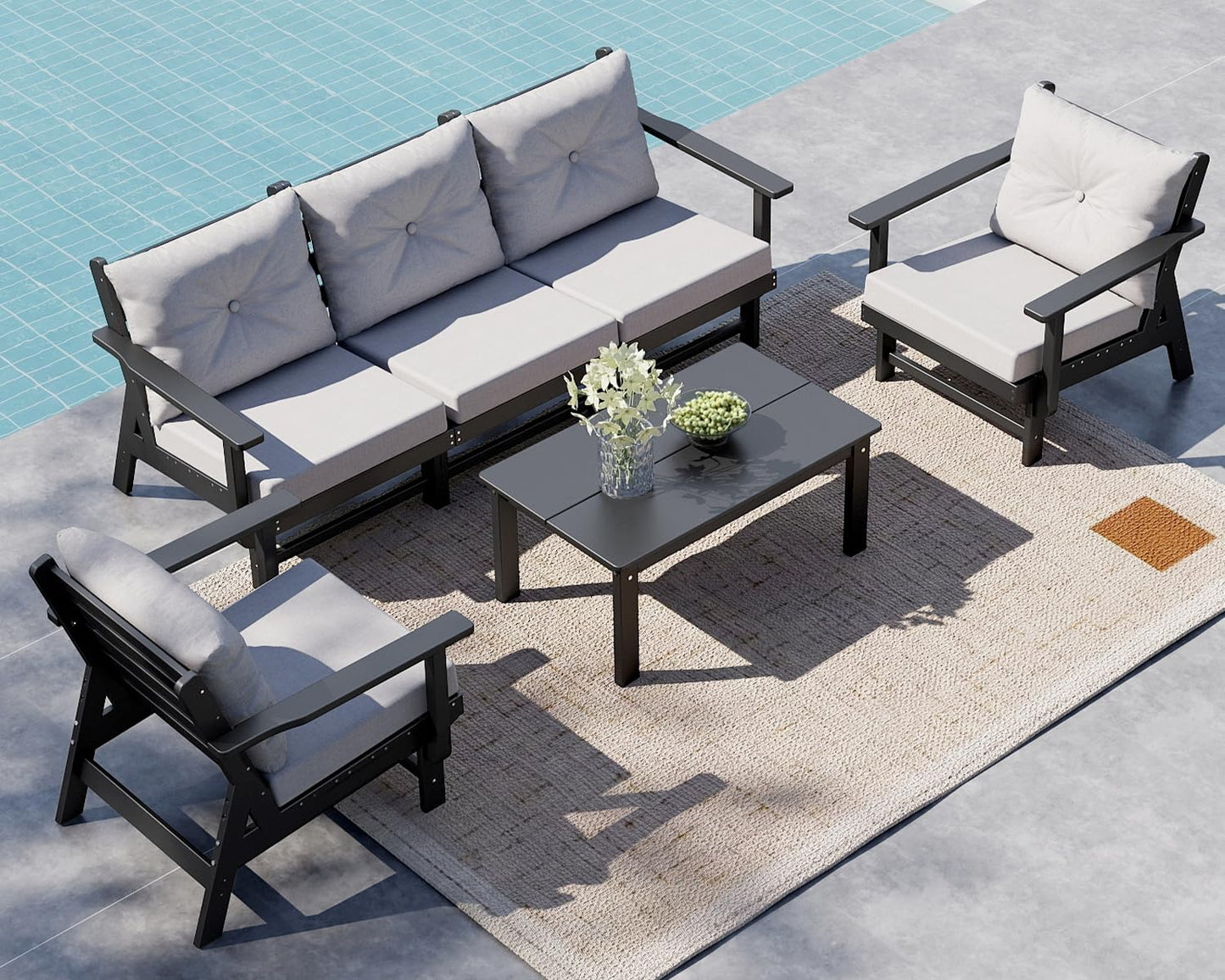 GREENVINES 6-Piece-Patio-Furniture-Set | HDPE Plastic | Outdoor Sectional Conversation Sets | All-Weather Couch | Sofa with Coffee Table | Detachable Armrests | for Deck Lawn | Black